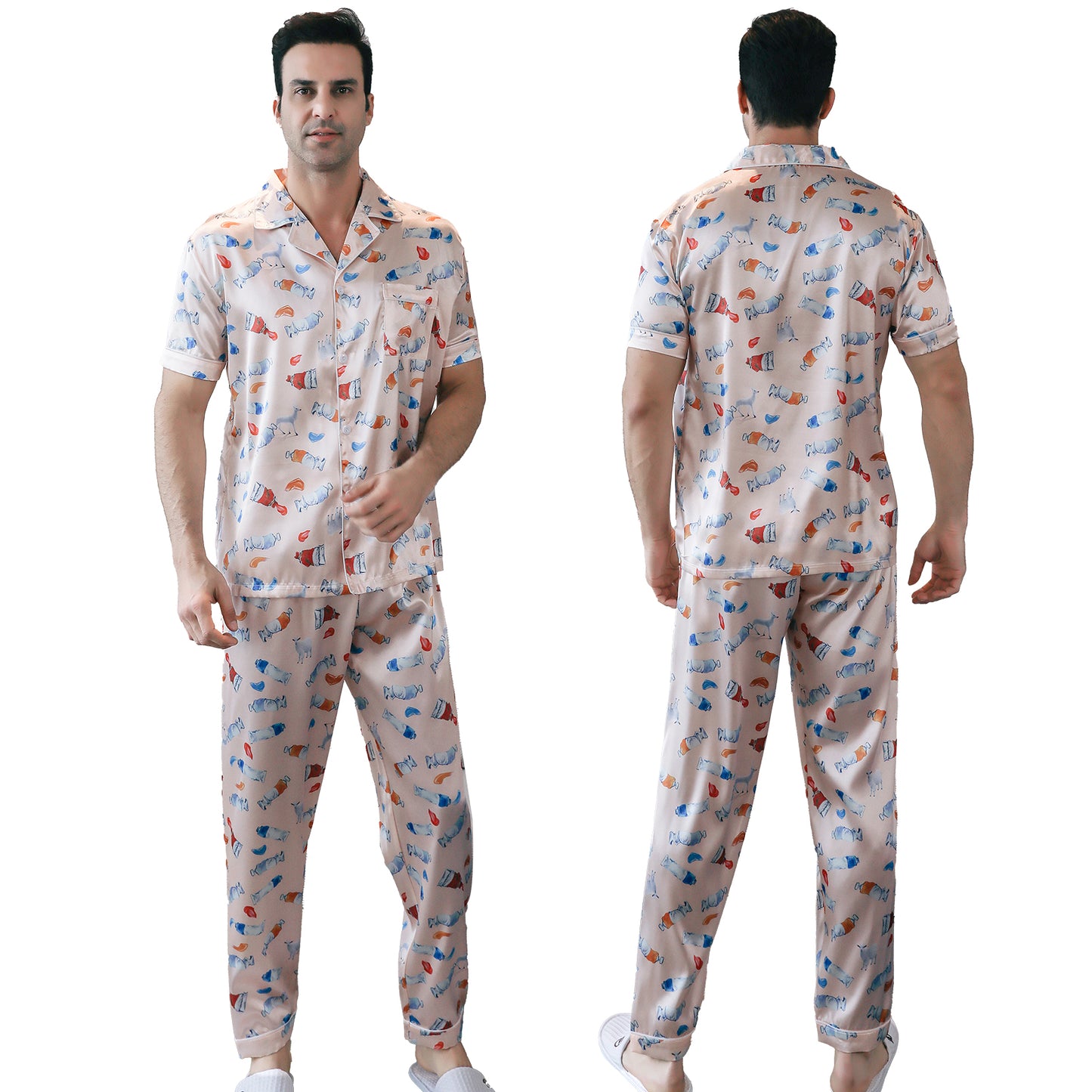 Men's Silky Satin Pajama Set Short Top Classic Sleepwear with Long Pants-KJ5013-M