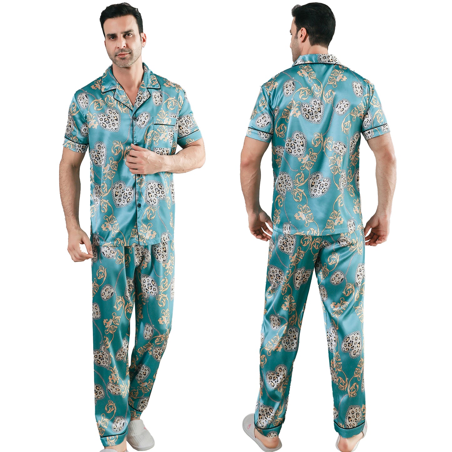 Men Satin Pajamas Set Short Sleeve & Long Pants Sleepwear with Pockets-KJ5044-M