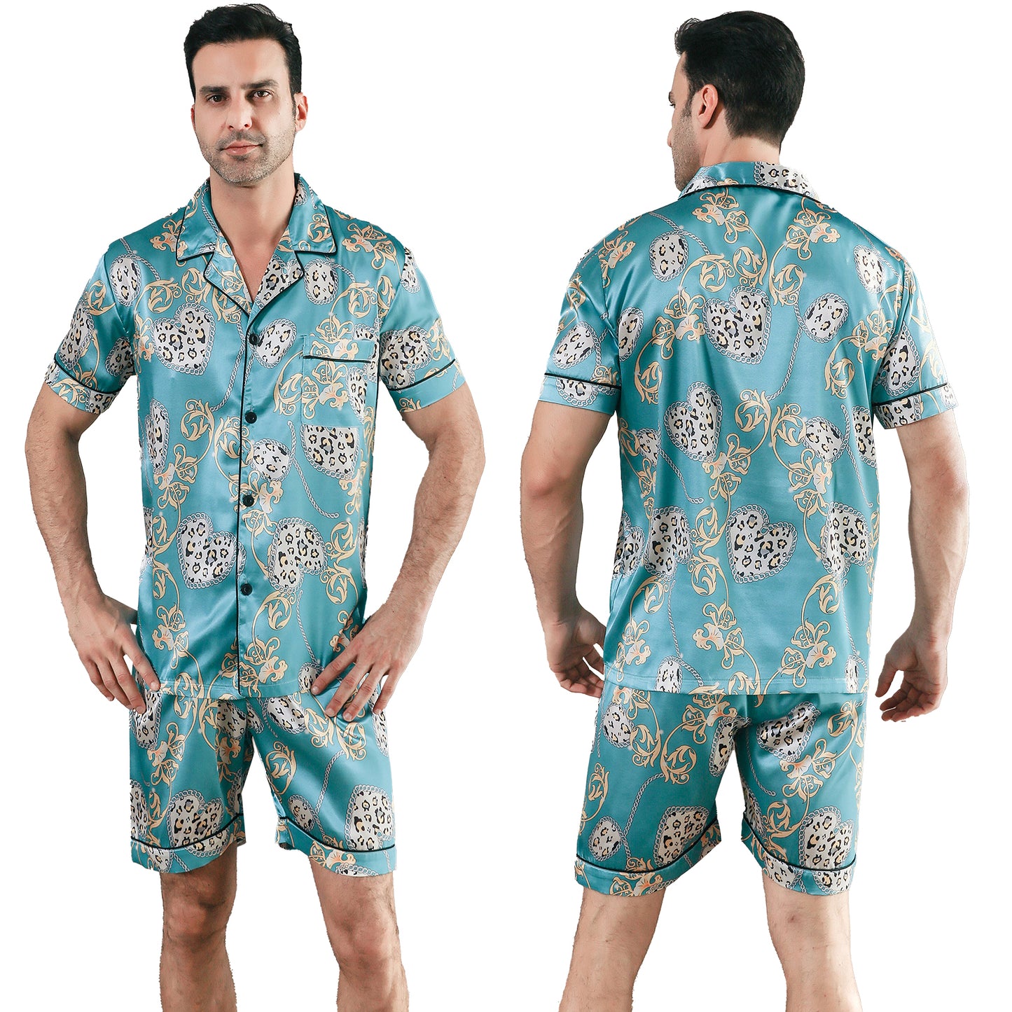 Men Satin Pajamas Set Short Sleeve & short Pants Sleepwear with Pockets-KJ4044-M