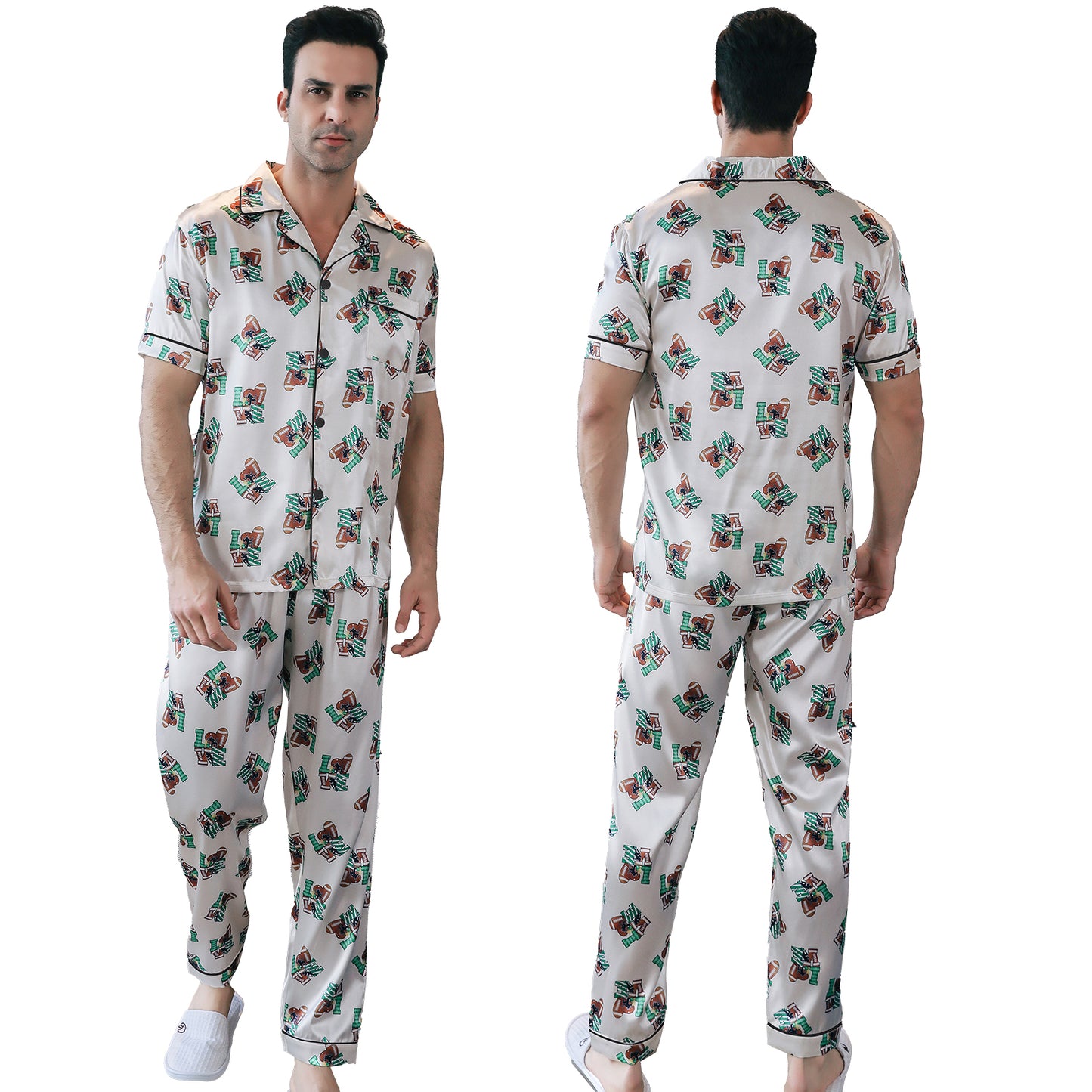 Mens Silky Pajamas Set Short Sleeve Top and Long pants Nightwear-KJ5008-M