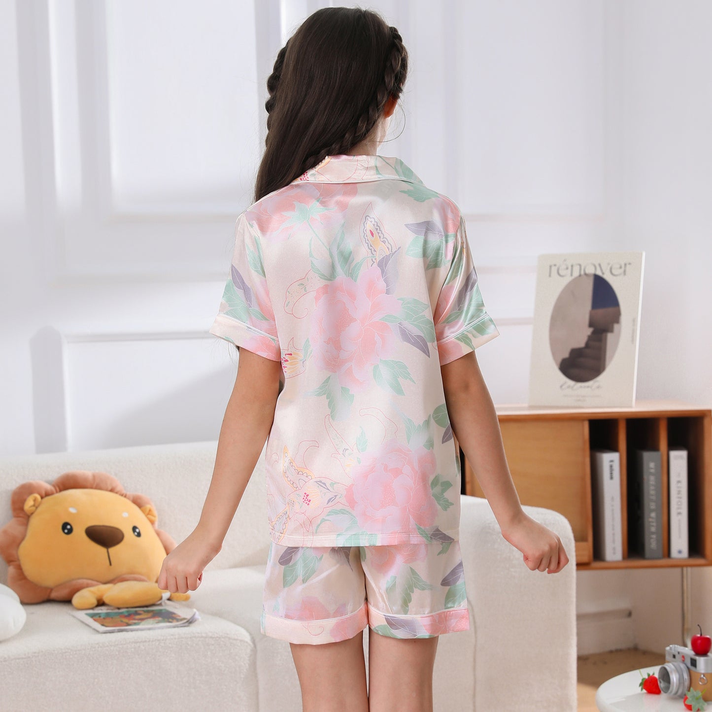 Girl's  Satin Pajama Set Short Top Classic Sleepwear with Short pants-KJ408T-130