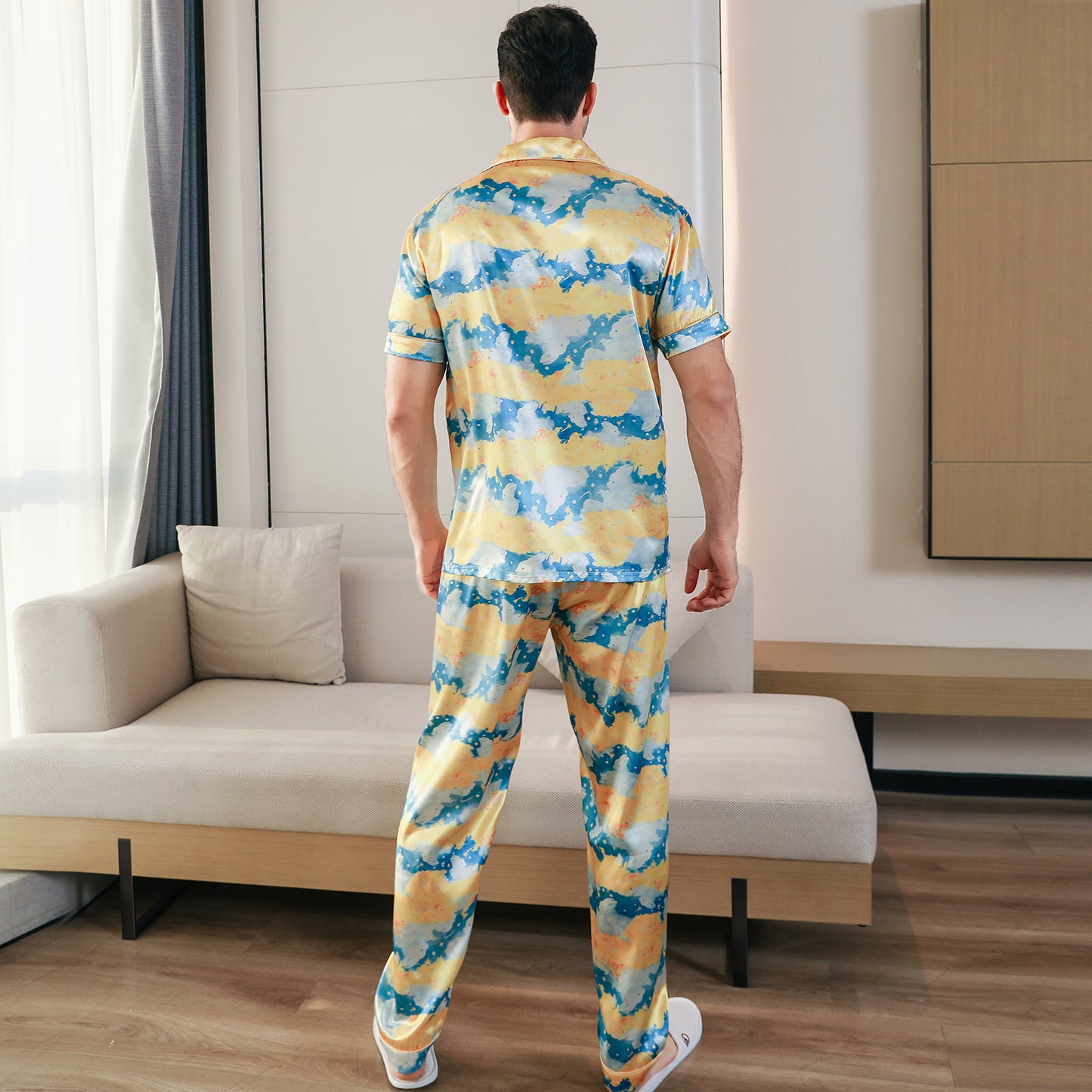 Men's Classic Silk Pajama Set Short Top & Long Pants Button Loungewear-KJ5047-M