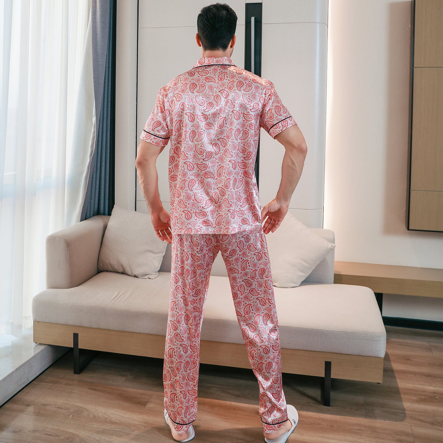 Men's Classic Silk Pajama Set Short Top & Long Pants Button Loungewear-KJ5053-M