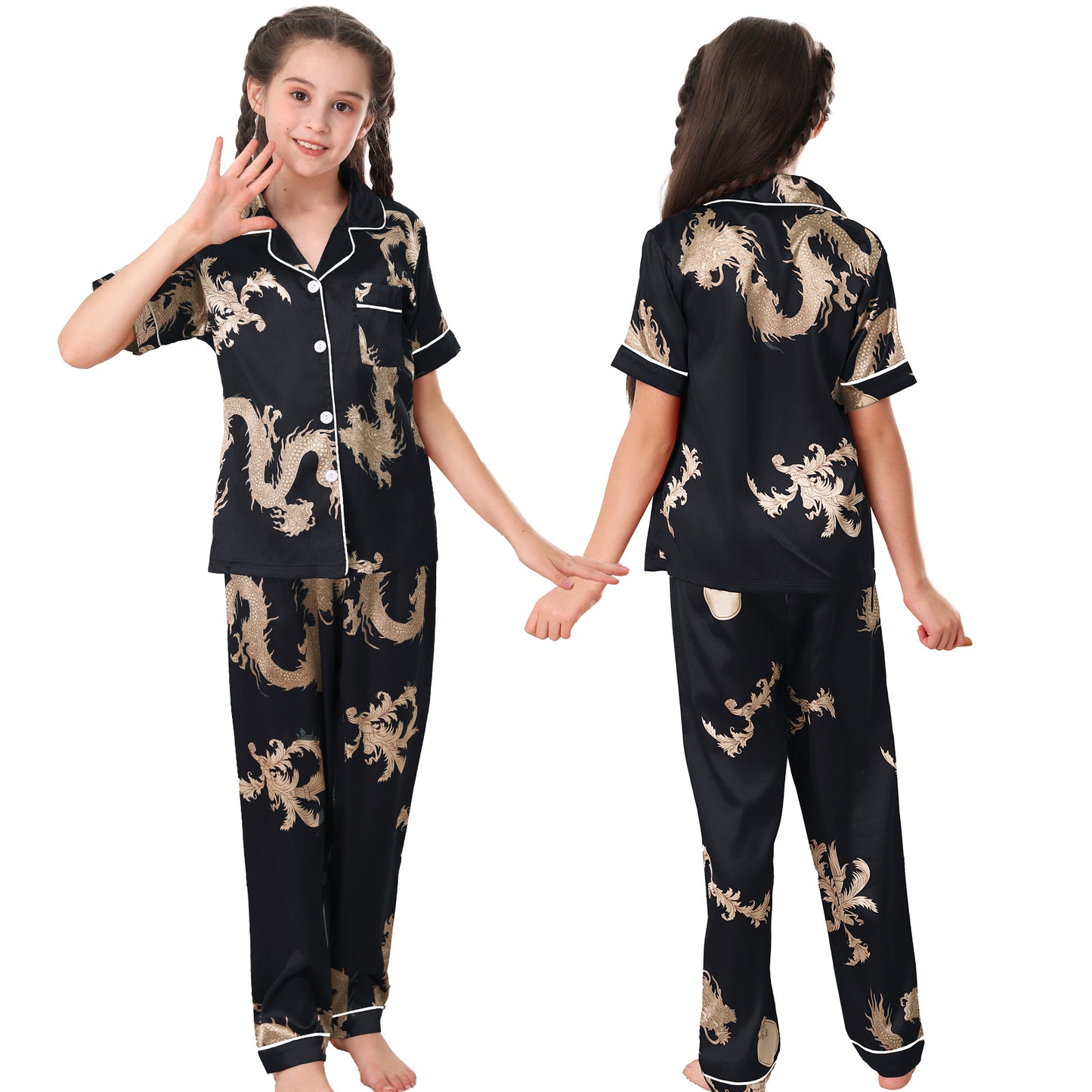 children's Satin Pajamas Set Short Sleeve & long pants Sleepwear with Pockets-KJ511T-130