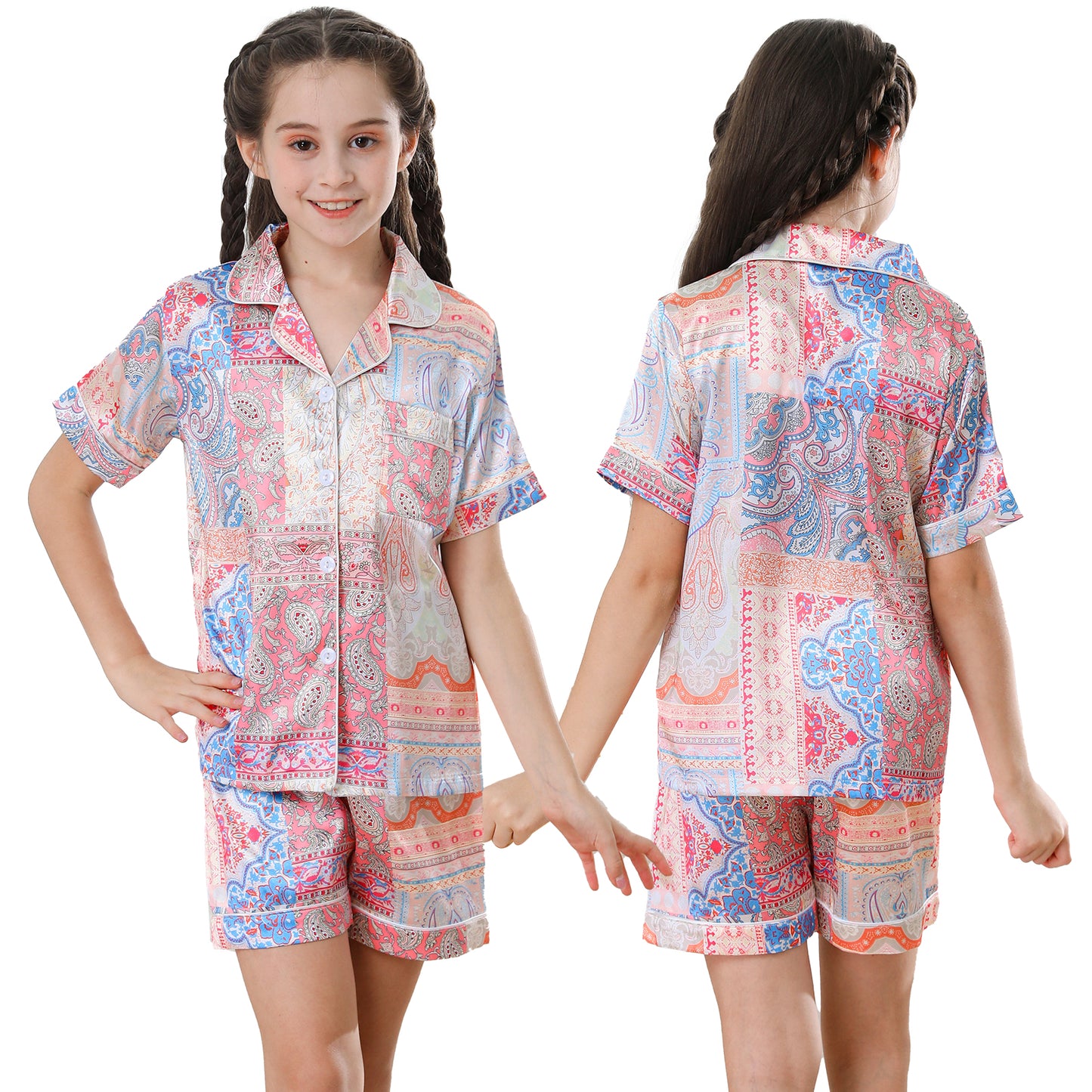 children's Satin Pajamas Set Short Sleeve & Short pants Sleepwear with Pockets-KJ427T-130