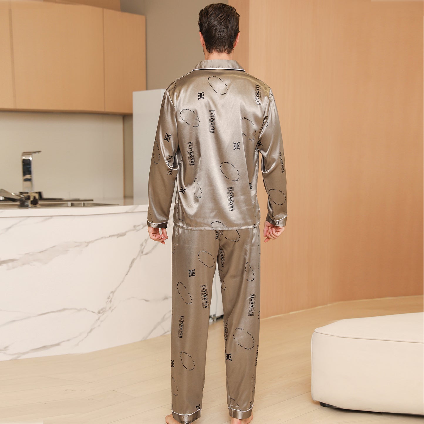 Men Satin Pajamas Set Long Sleeve & Long Pants Sleepwear with Pockets-KJ2038-M