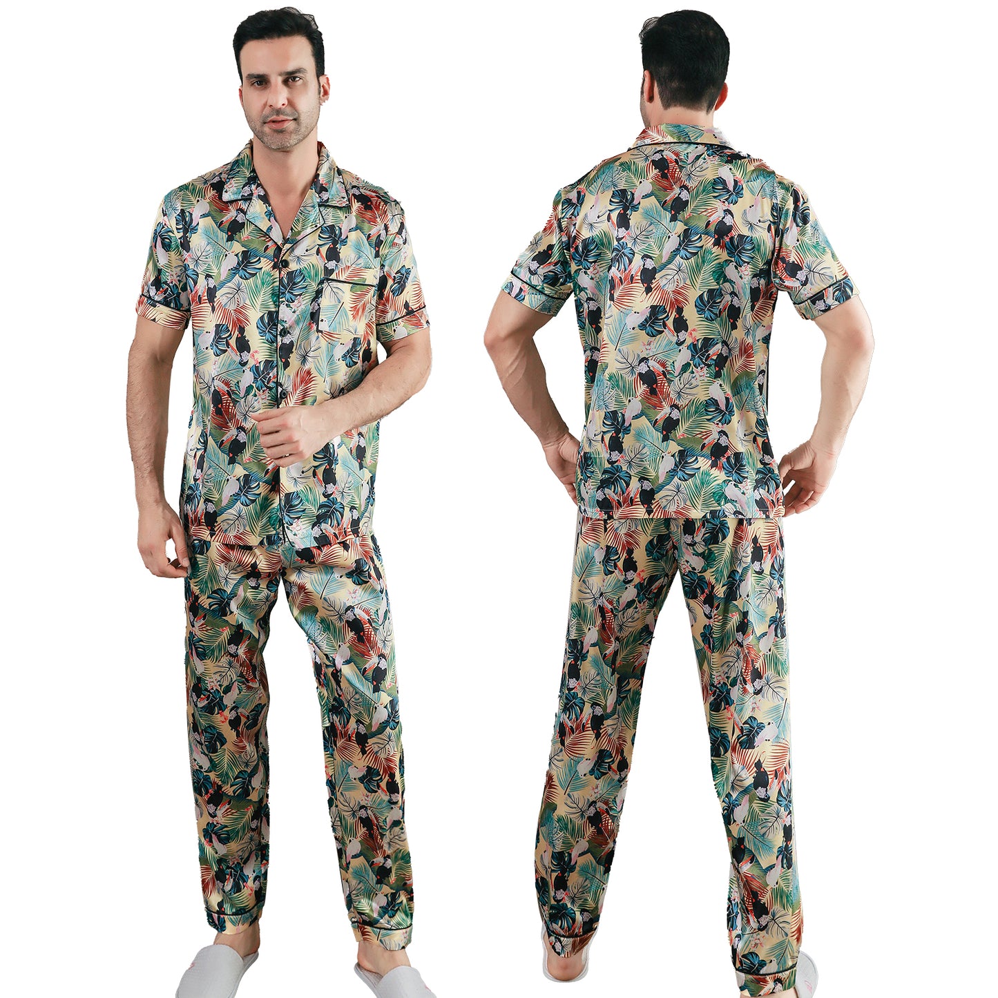 Men Satin Pajamas Set Short Sleeve & Long Pants Sleepwear with Pockets-KJ5040-M