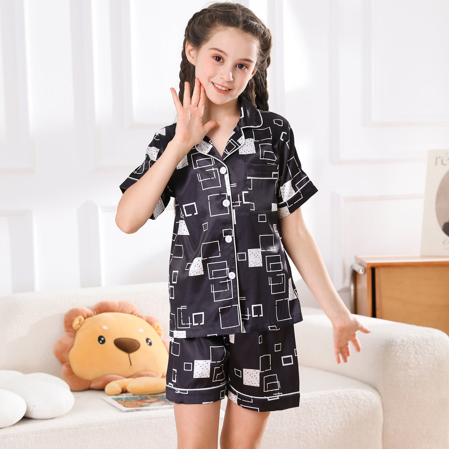 Girl's  Satin Pajama Set Short Top Classic Sleepwear with Short pants-KJ421T-130