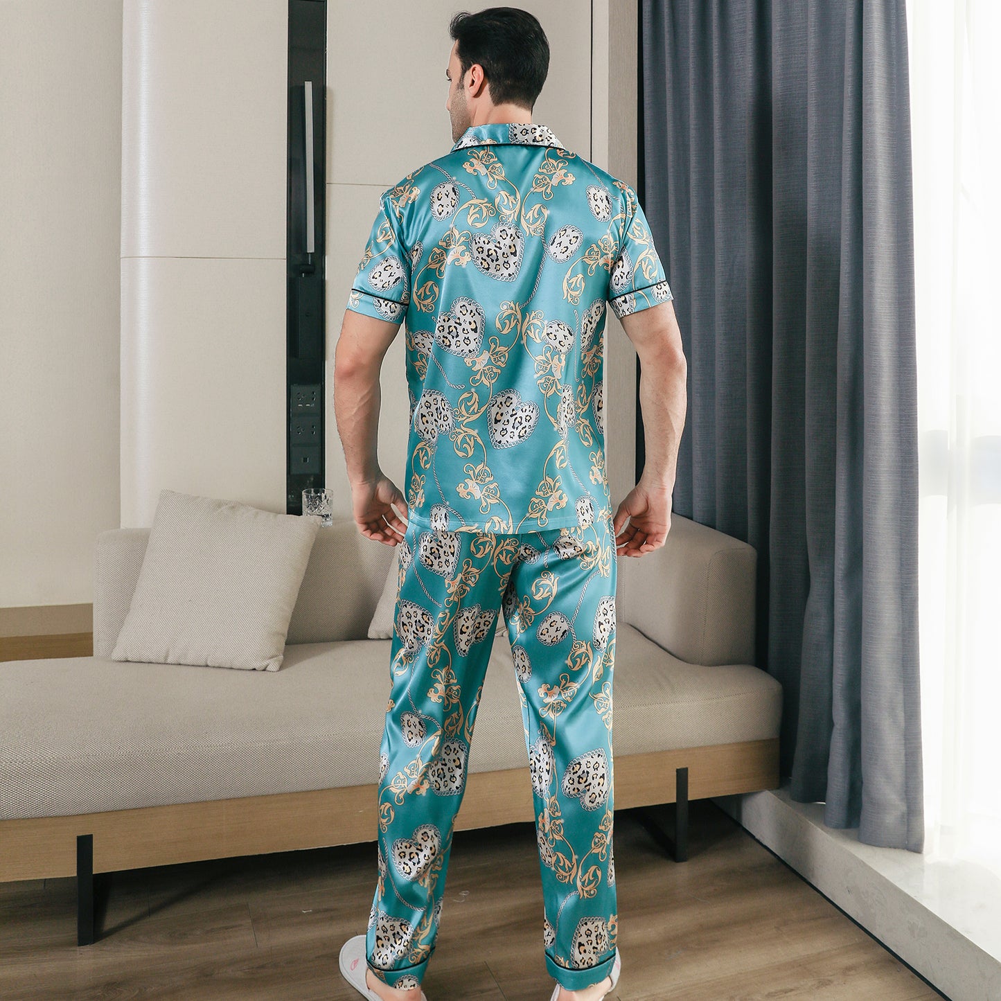 Men Satin Pajamas Set Short Sleeve & Long Pants Sleepwear with Pockets-KJ5044-M