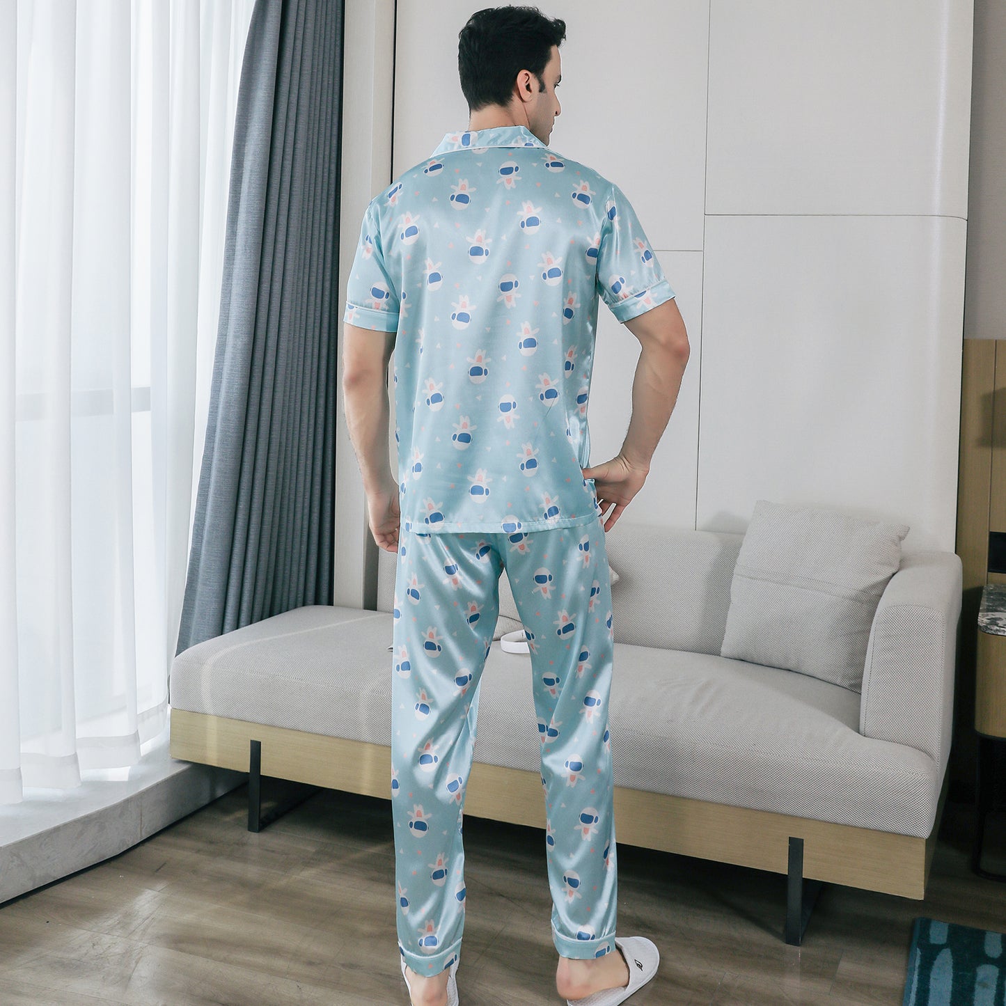 Mens Pajama Set Short Sleeve Sleepwear Silky Loungewear with Long Pants-KJ5026-M