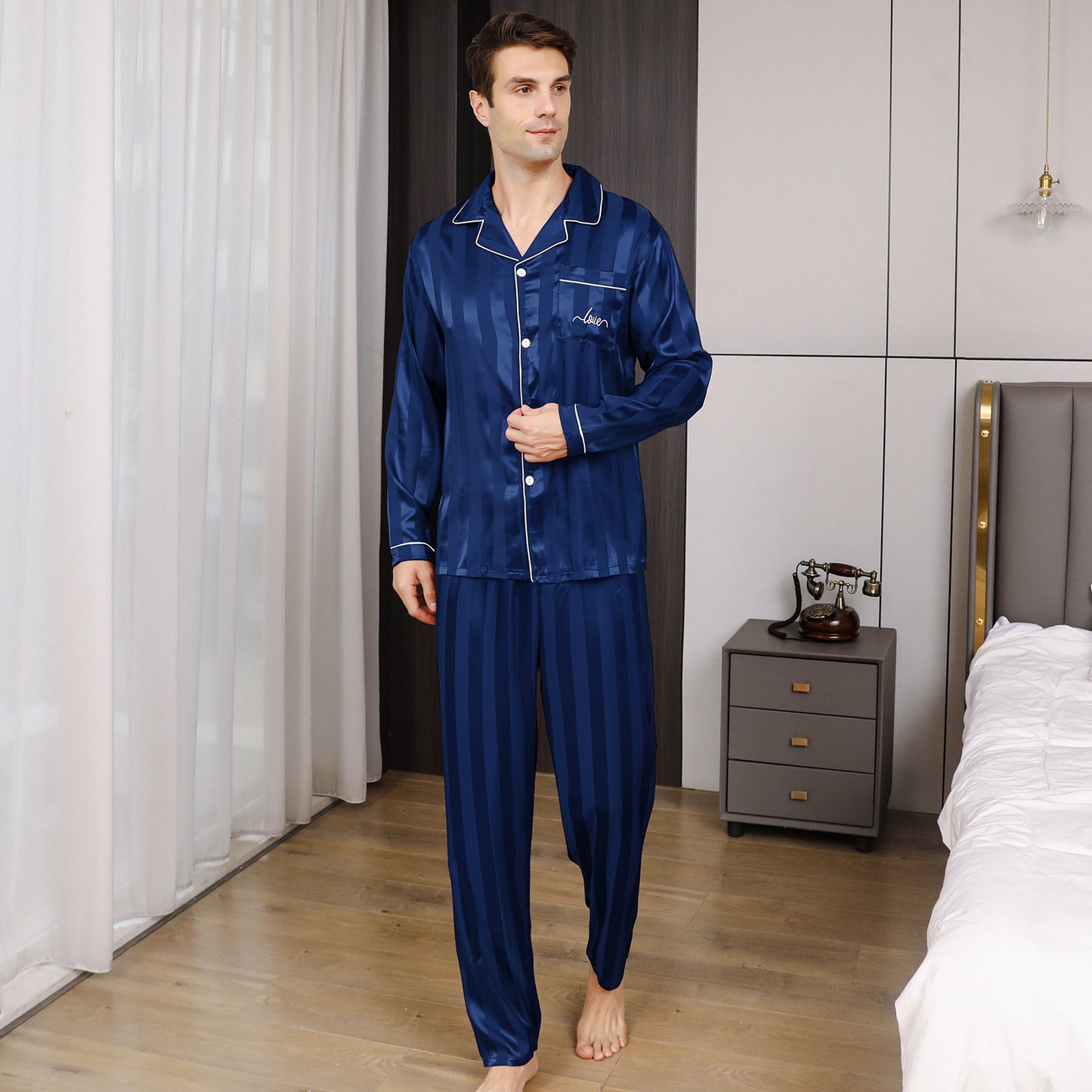 Men's Silky Satin Pajama Set Long Top Classic Sleepwear with Long Pants-KJ2025-M