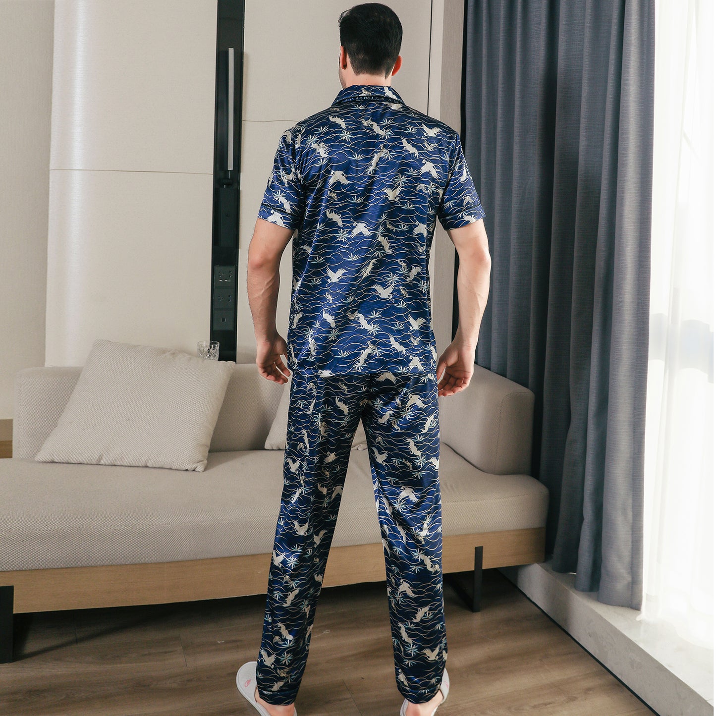 Men's Classic Silk Pajama Set Short Top & Long Pants Button Loungewear-KJ5045-M