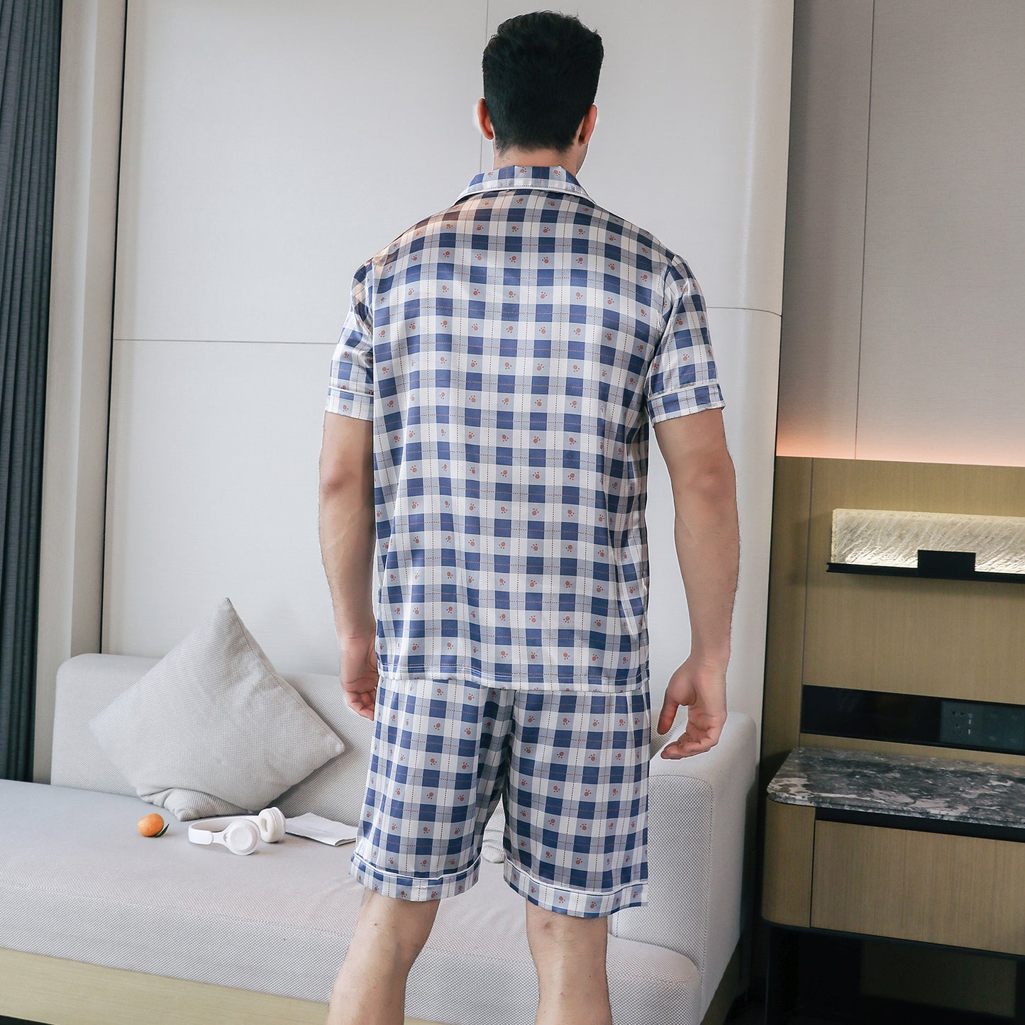 Mens Silky Pajamas Set Short Top & short pants Nightwear-KJ4007-M