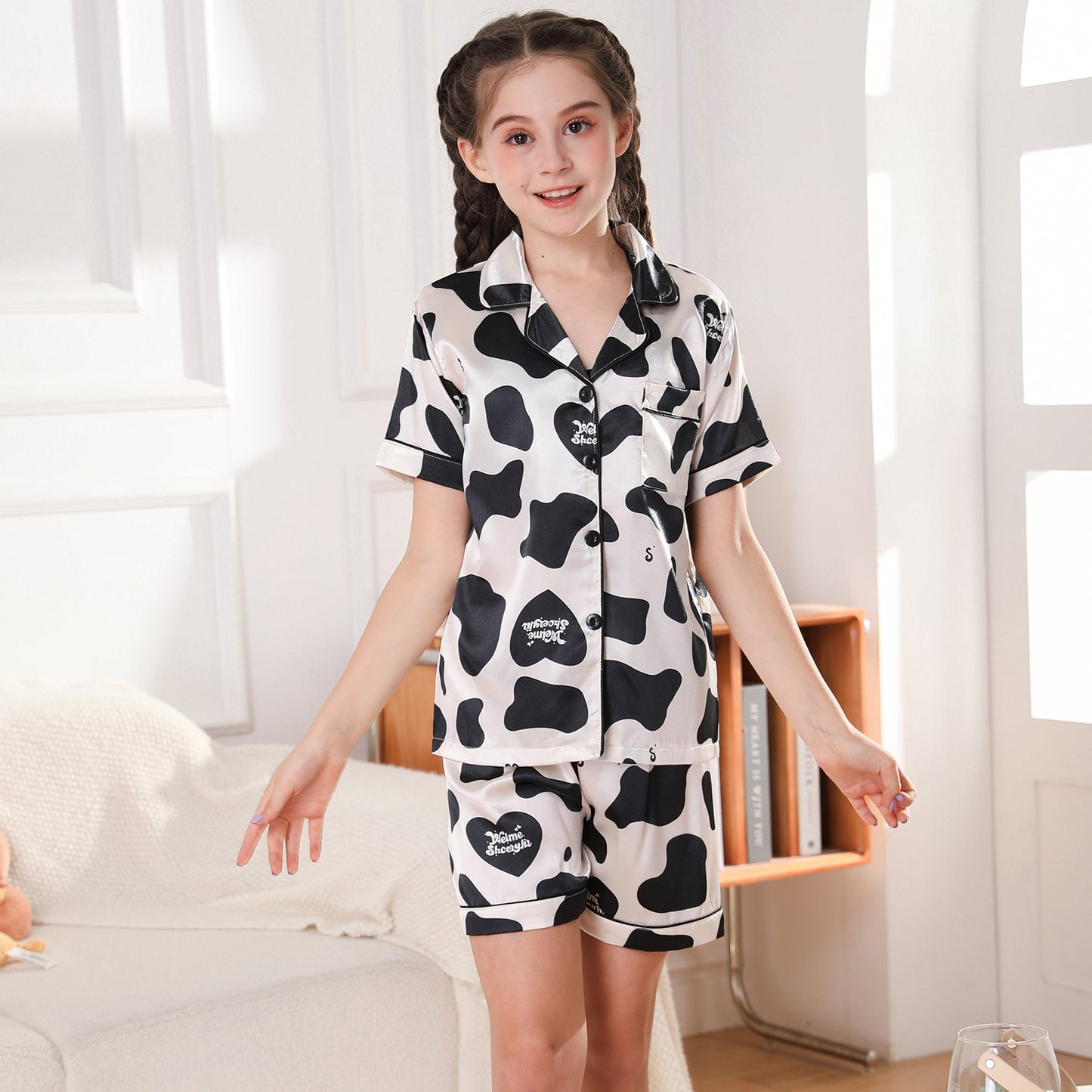 Girl's  Satin Pajama Set Short Top Classic Sleepwear with Short pants-KJ454T-130