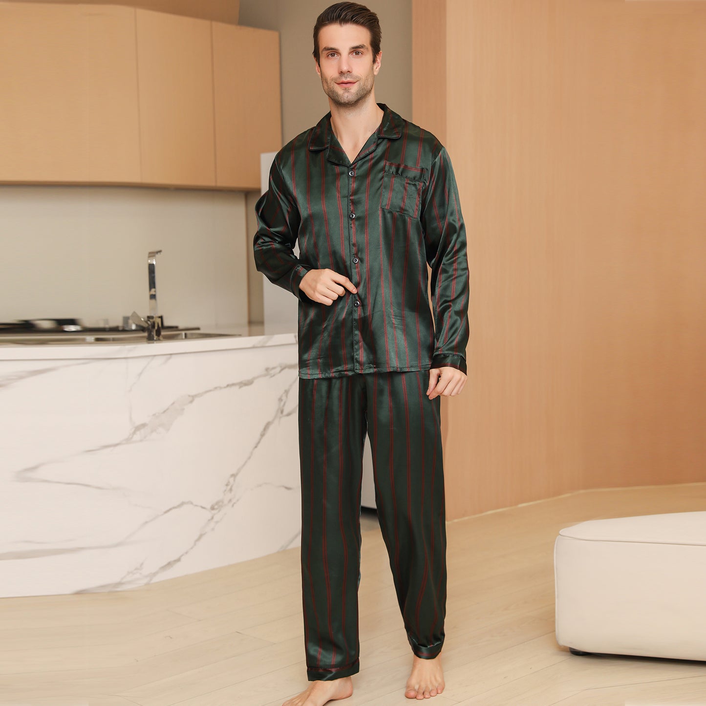 Men Satin Pajamas Set Long Sleeve & Long Pants Sleepwear with Pockets-KJ2037-M