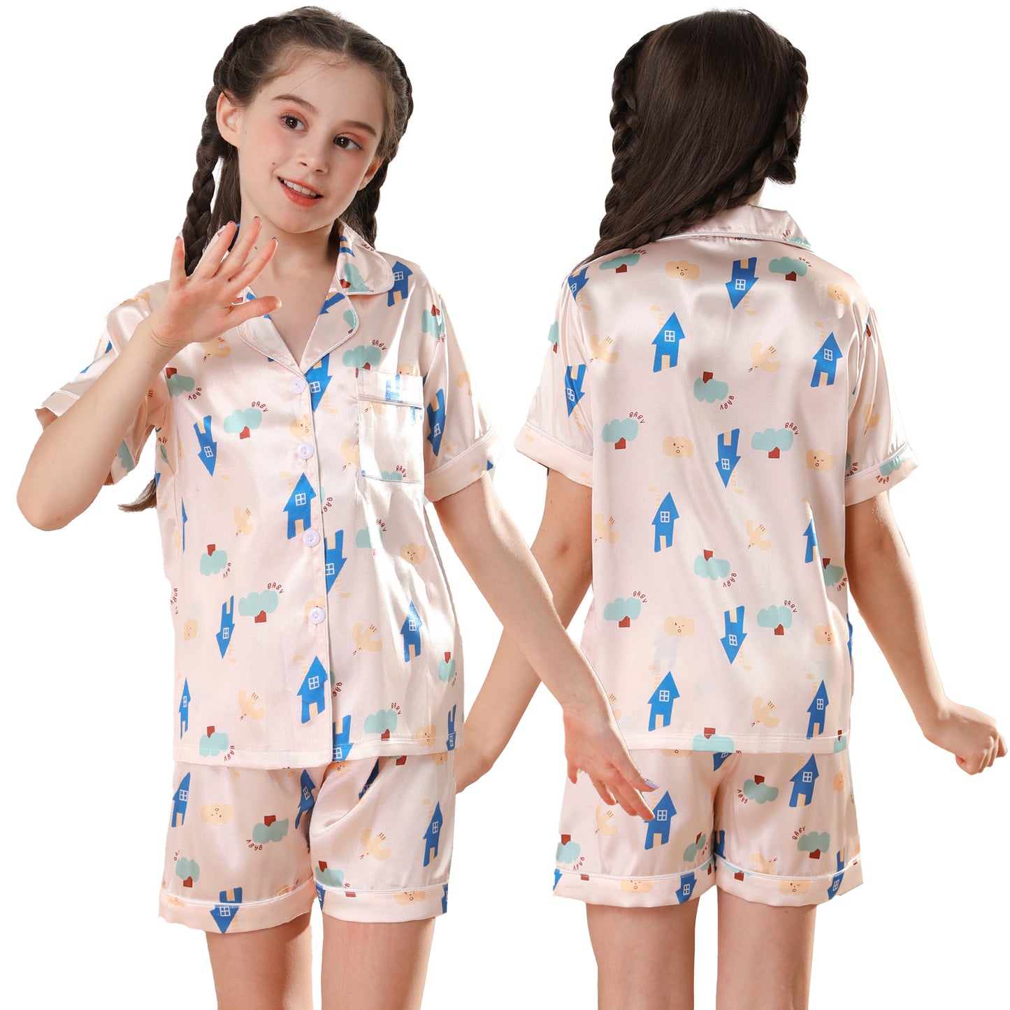 children's Satin Pajamas Set Short Sleeve & Short pants Sleepwear with Pockets-KJ441T-130