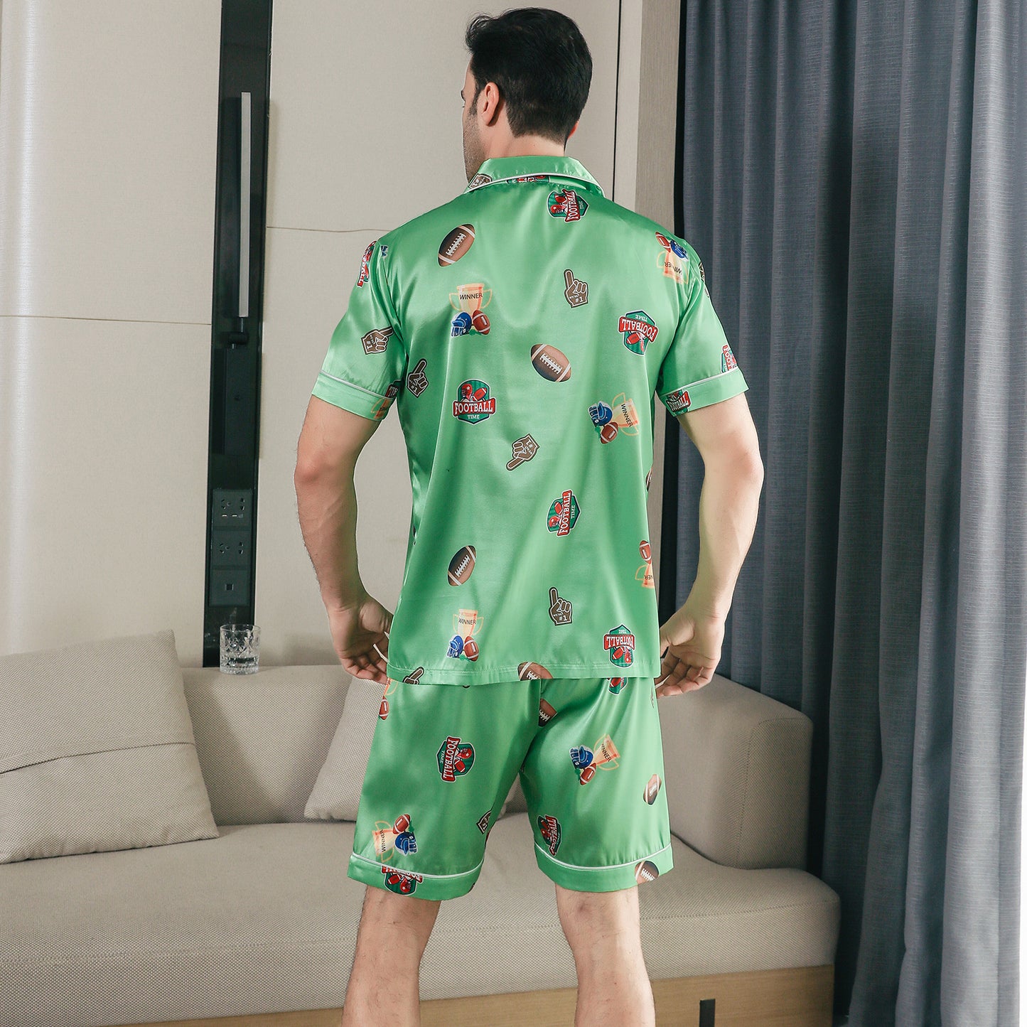 Men Satin Pajamas Set Short Sleeve & short Pants Sleepwear with Pockets-KJ4042-M