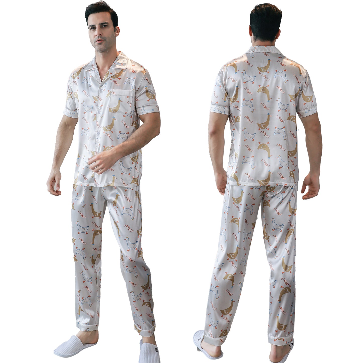 Men's Silky Satin Pajama Set Short Top Classic Sleepwear with Long Pants-KJ5016-M