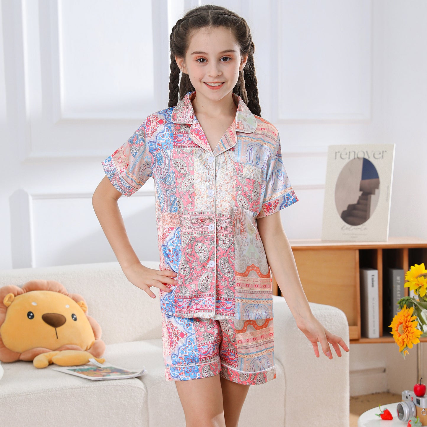 children's Satin Pajamas Set Short Sleeve & Short pants Sleepwear with Pockets-KJ427T-130