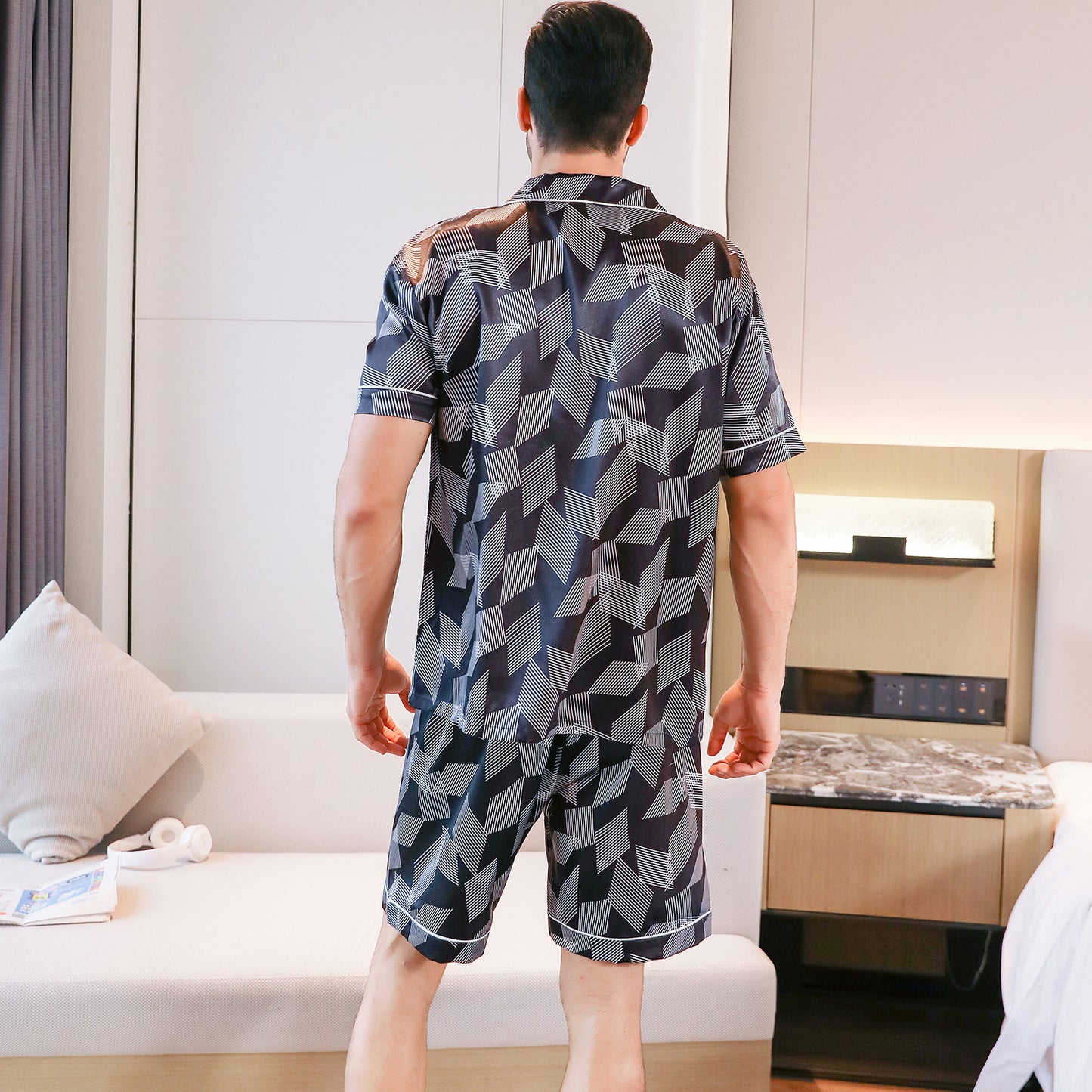 Mens Silky Pajamas Set Short Top & short pants Nightwear-KJ4002-M