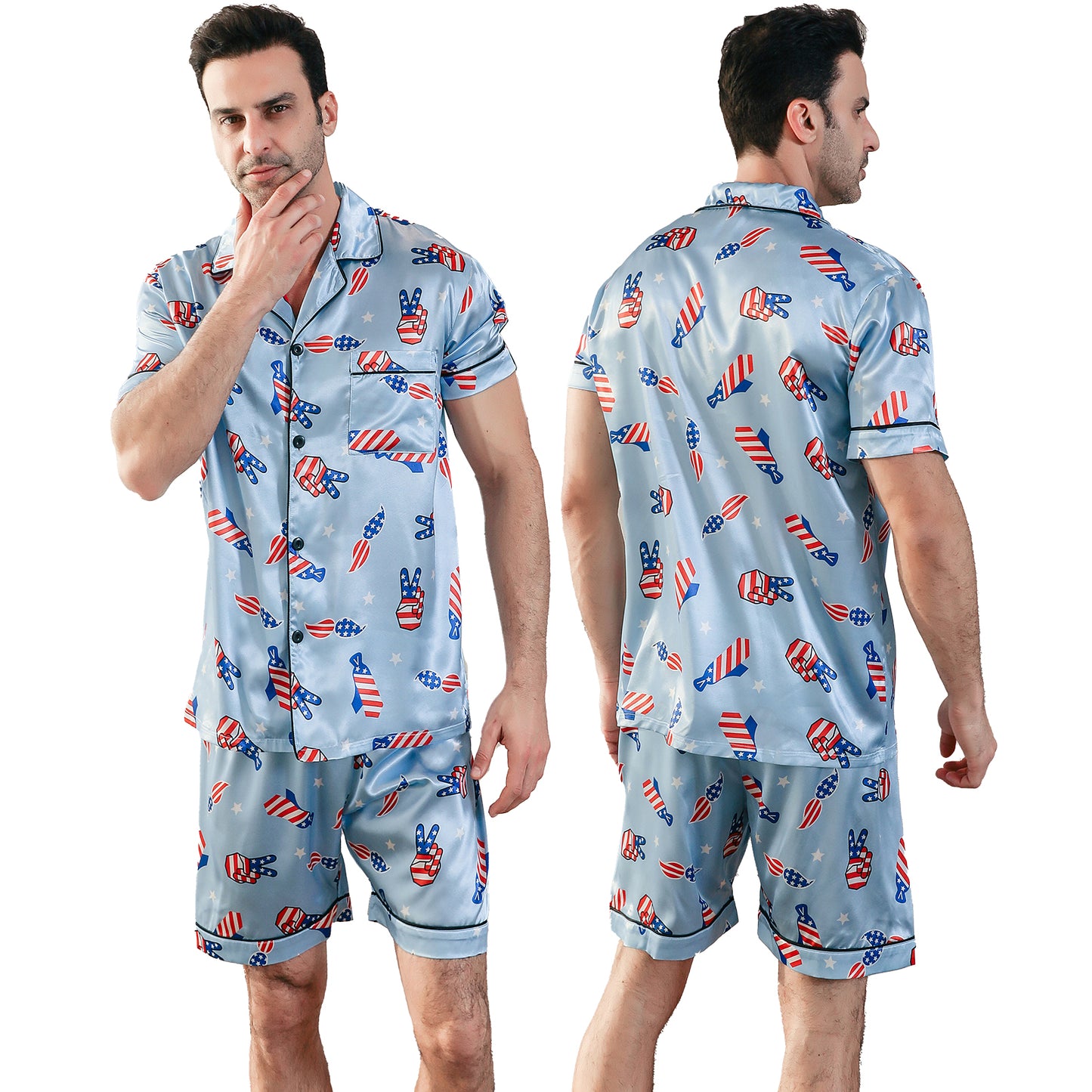 Men's  Silk Pajama Set Short Top & short Pants  Loungewear-KJ4048-M