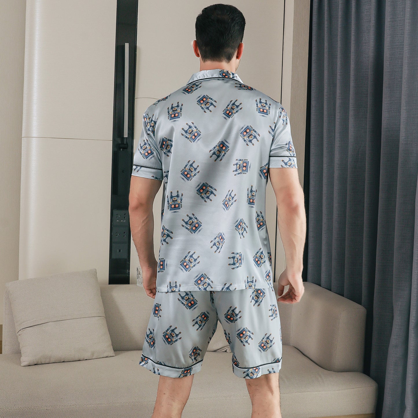 Men Satin Pajamas Set 3 Pieces multicolor Sleepwear with Pockets-KJ6036-M