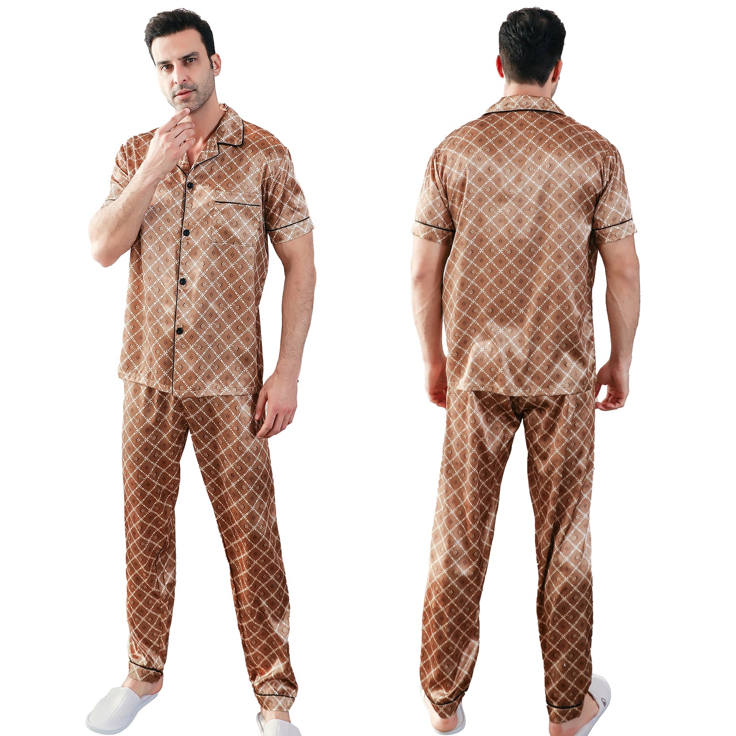 Men's Classic Silk Pajama Set Short Top & Long Pants Button Loungewear-KJ5046-M