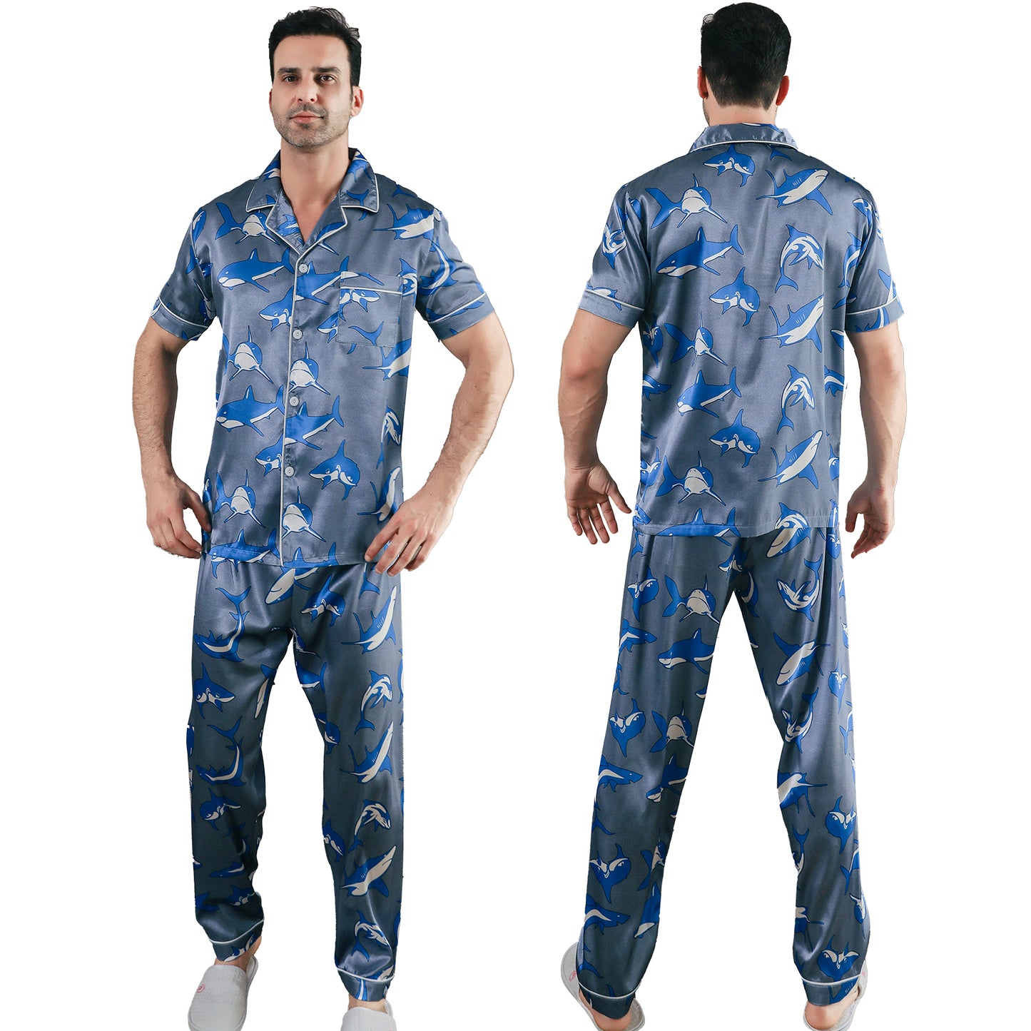 Men Satin Pajamas Set Short Sleeve & Long Pants Sleepwear with Pockets-KJ5041-M