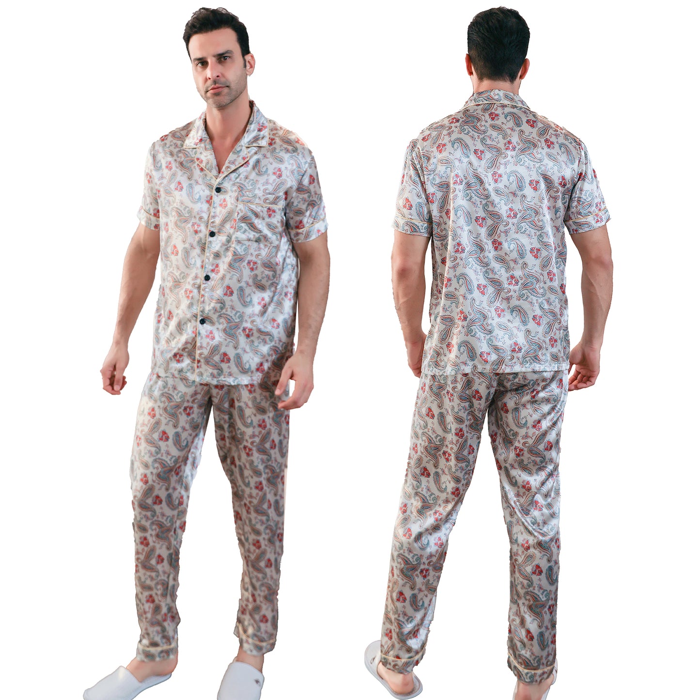 Men's Classic Silk Pajama Set Short Top & Long Pants Button Loungewear-KJ5052-M