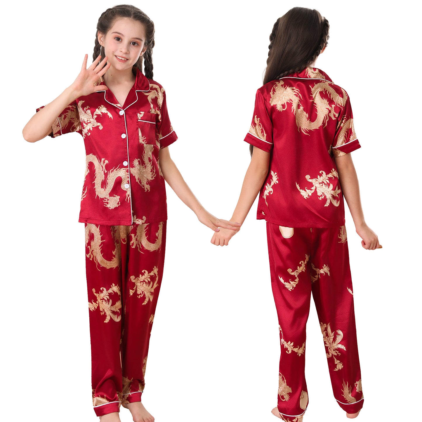 Girl's  Satin Pajama Set Short Top Classic Sleepwear with long pants-KJ510T-130