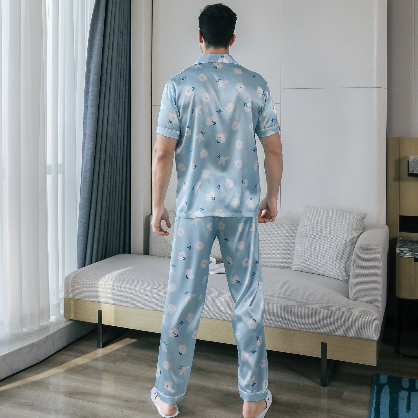 Mens Pajama Set Short Sleeve Sleepwear Silky Loungewear with Long Pants-KJ5023-M