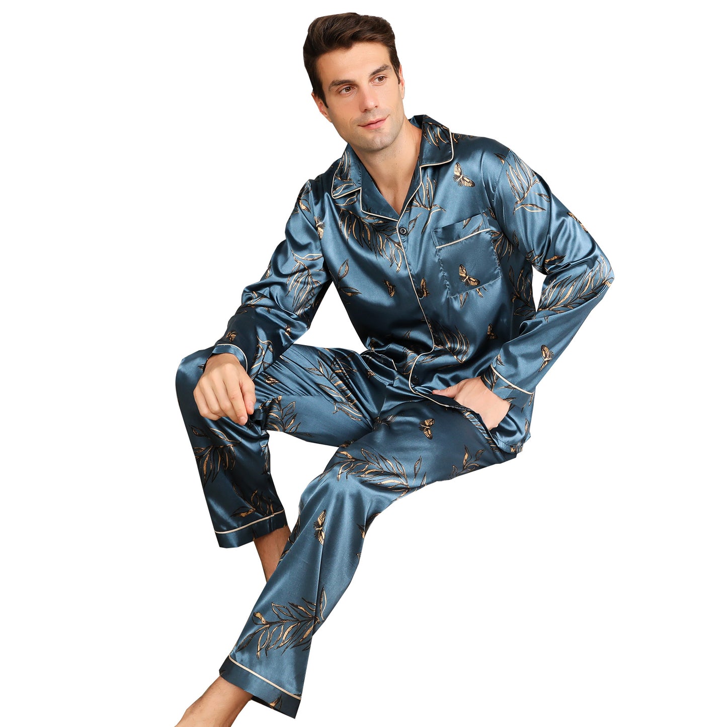 Men's Silky Satin Pajama Set Long Top Classic Sleepwear with Long Pants-KJ2014-M