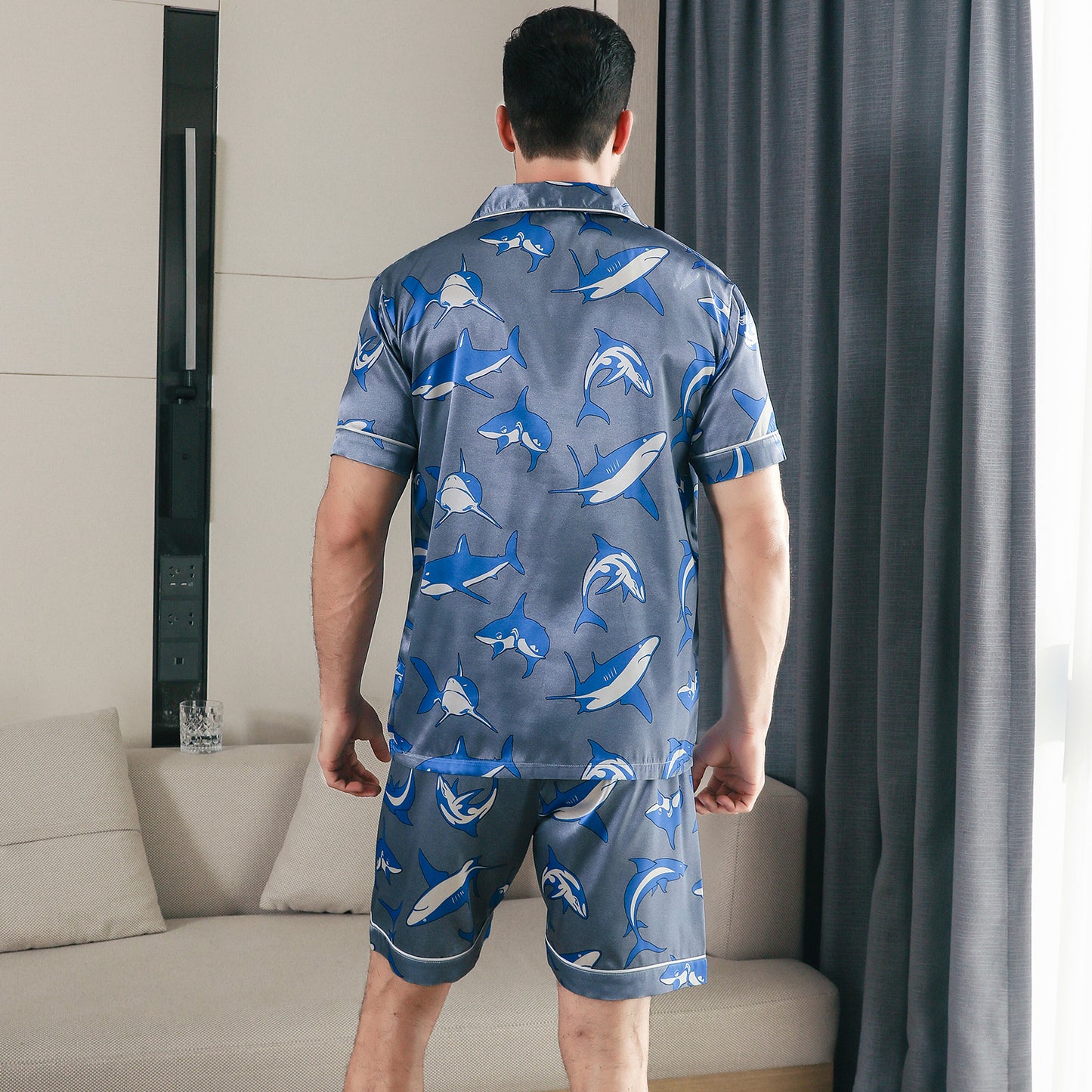 Men Satin Pajamas Set 3 Pieces multicolor Sleepwear with Pockets-KJ6041-M