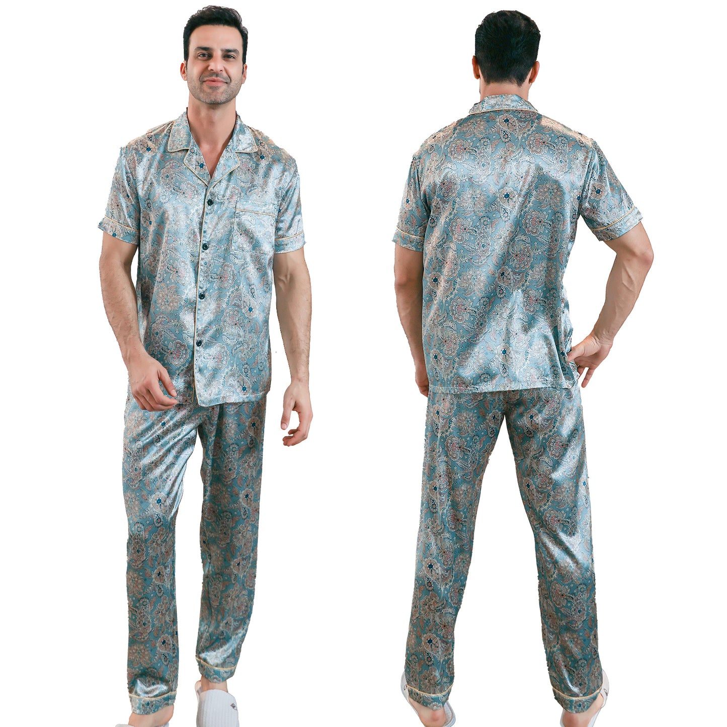 Men's Classic Silk Pajama Set Short Top & Long Pants Button Loungewear-KJ5054-M