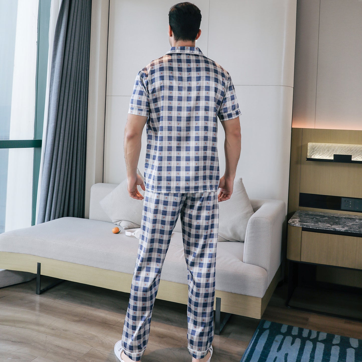 Mens Silky Pajamas Set Short Sleeve Top and Long pants Nightwear-KJ5007-M