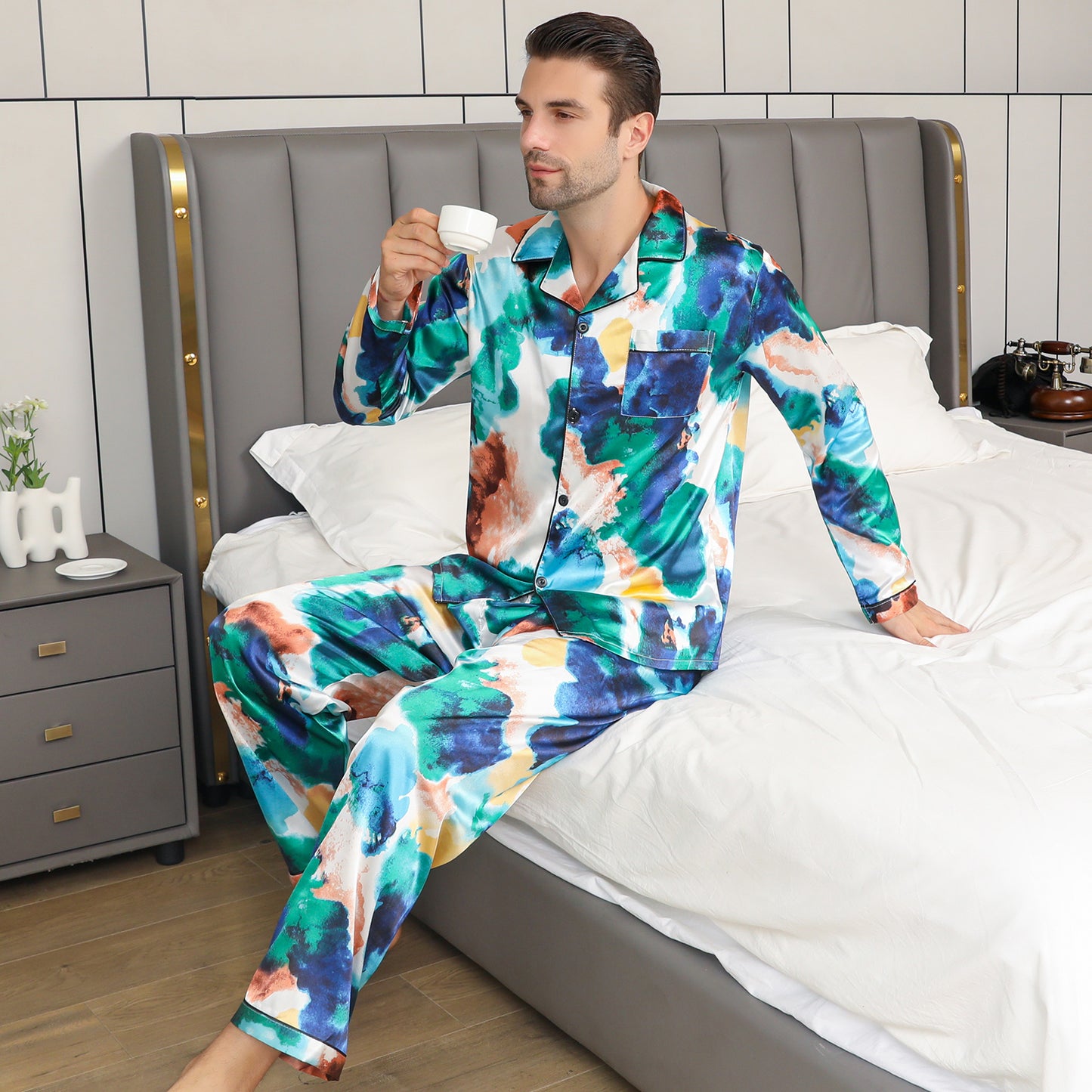 Mens Pajama Set Long Sleeve Sleepwear Silky Loungewear with Long Pants-KJ2026-M