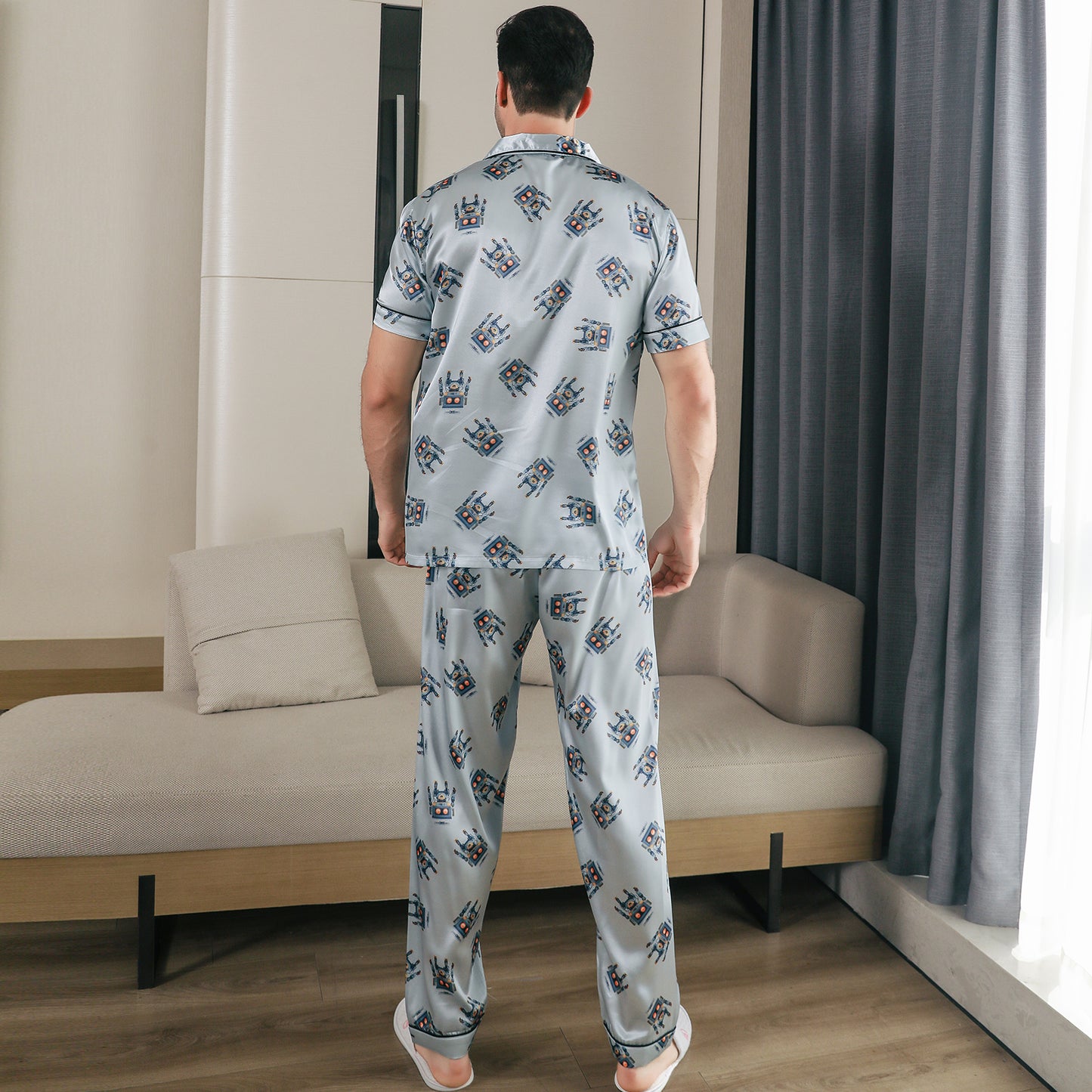 Men Satin Pajamas Set 3 Pieces multicolor Sleepwear with Pockets-KJ6036-M