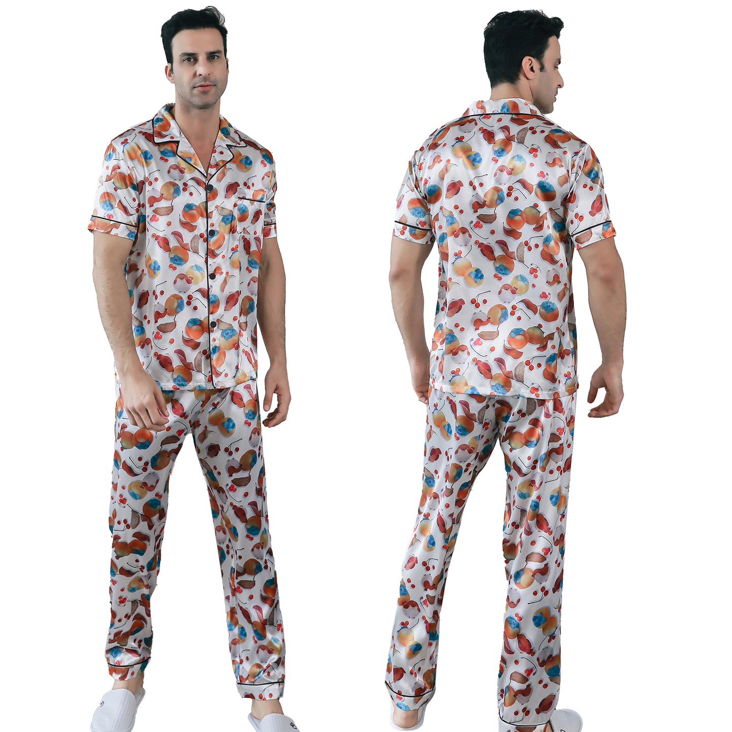 Men's Silky Satin Pajama Set Short Top Classic Sleepwear with Long Pants-KJ5018-M