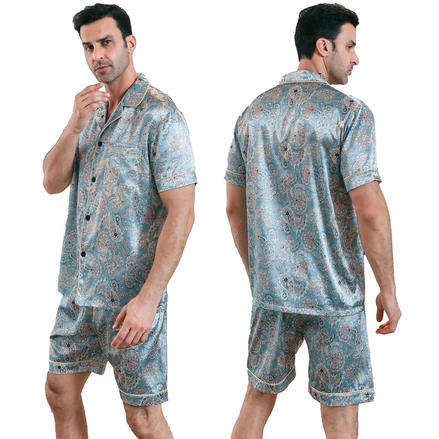 Men's  Silk Pajama Set Short Top & short Pants  Loungewear-KJ4054-M