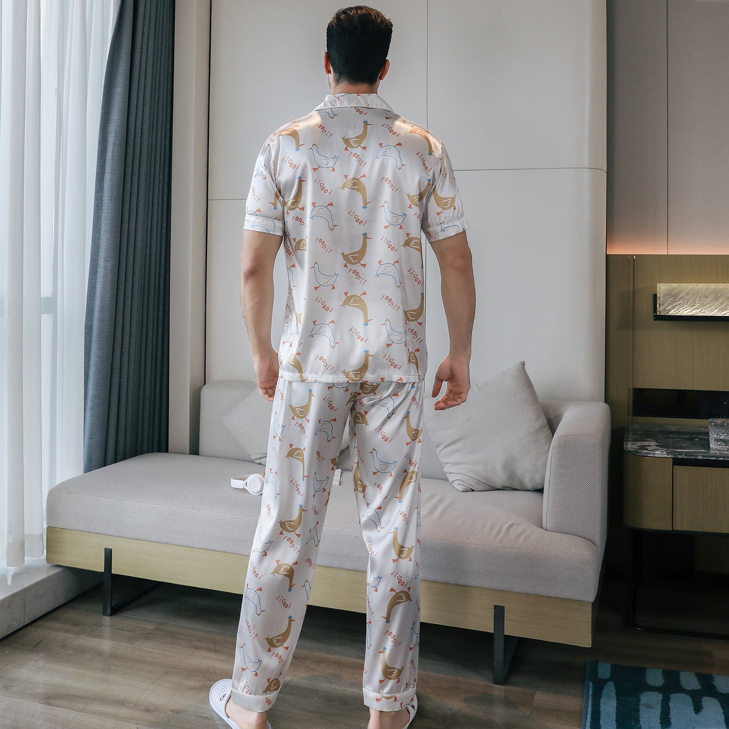 Men's Silky Satin Pajama Set Short Top Classic Sleepwear with Long Pants-KJ5016-M