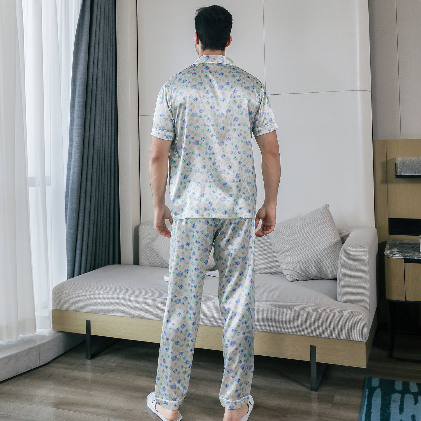 Men's Satin Pajama Set 3 Pieces Classic Sleepwear-KJ6017-M