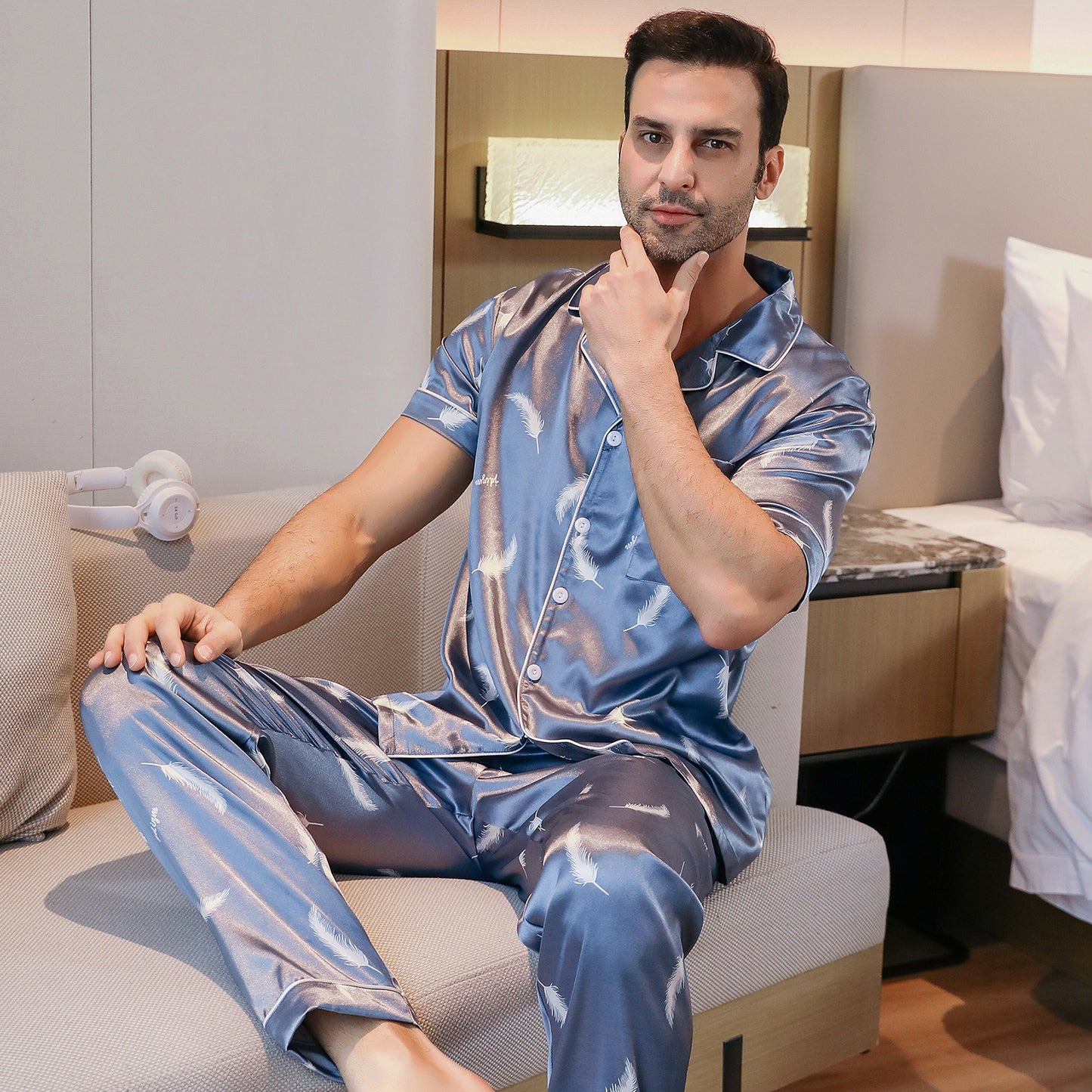 Mens Silky PJ SET Short Sleeve Top and Long pants Nightwear