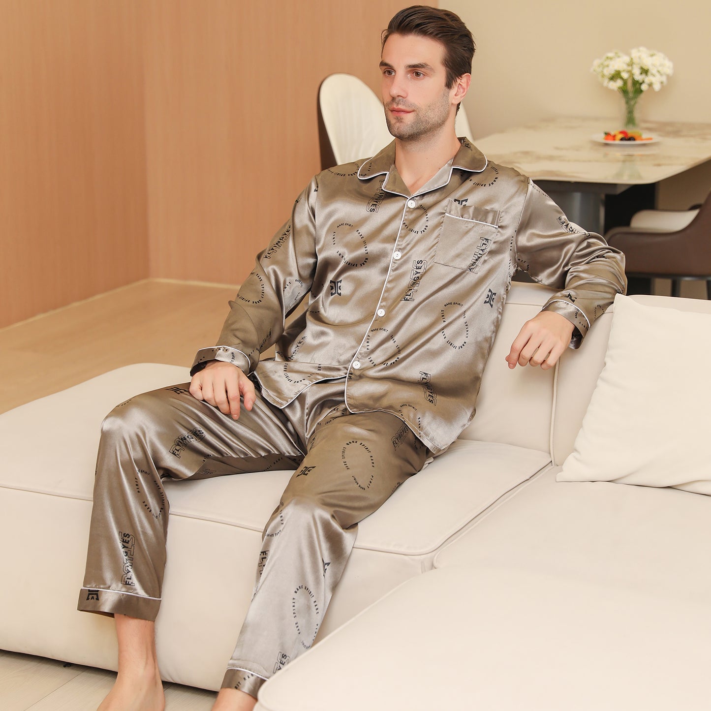 Men Satin Pajamas Set Long Sleeve & Long Pants Sleepwear with Pockets-KJ2038-M