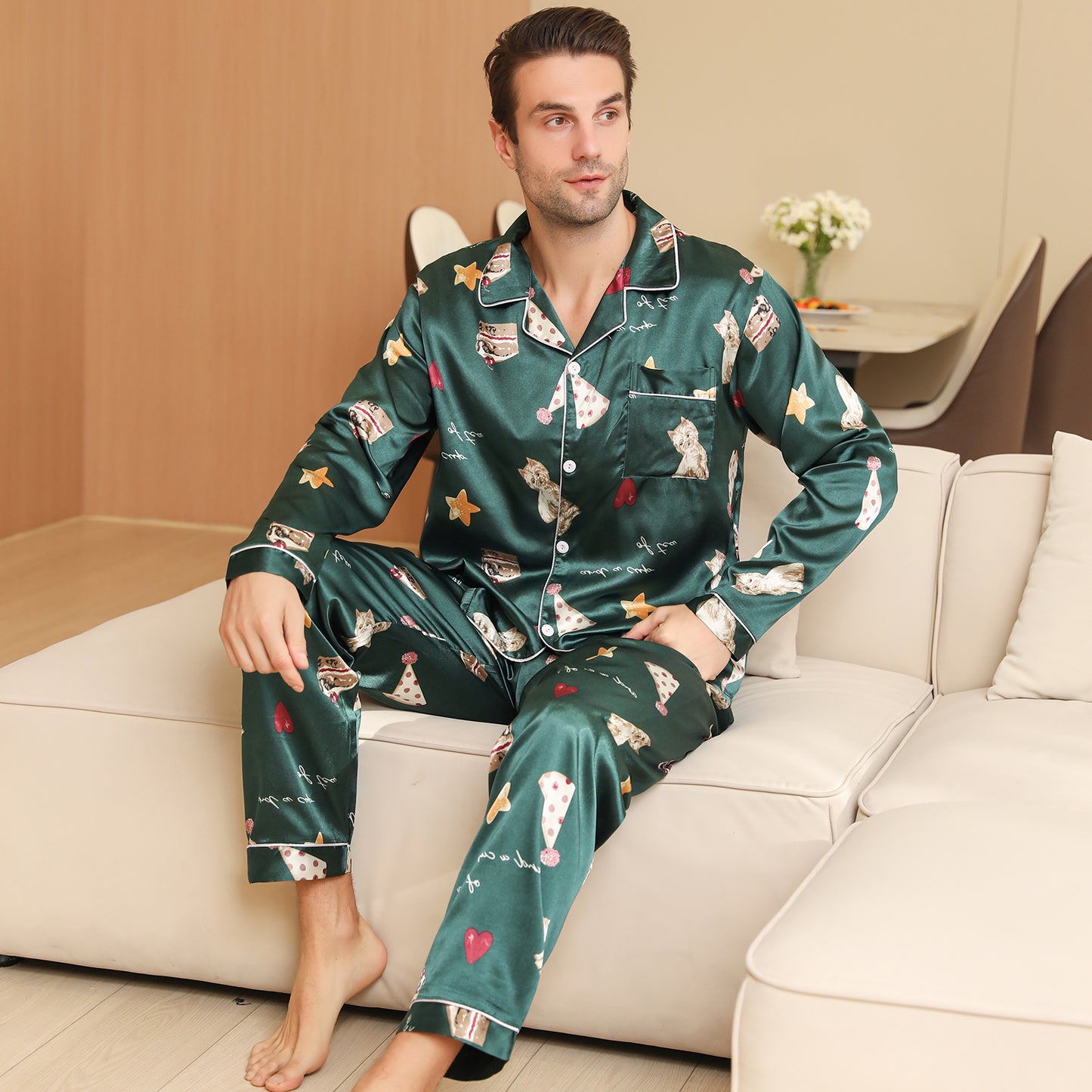 Men Satin Pajamas Set Long Sleeve & Long Pants Sleepwear with Pockets-KJ2036-M