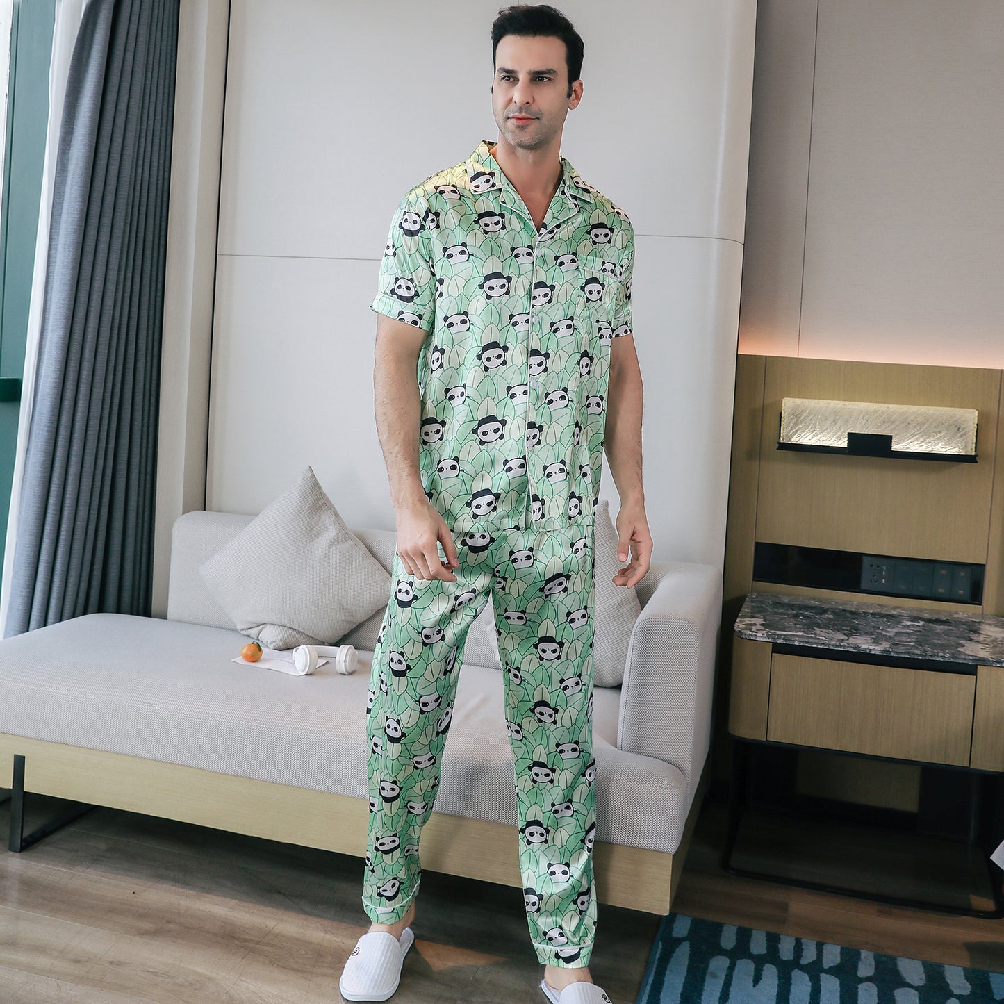 Men's Silky Satin Pajama Set Short Top Classic Sleepwear with Long Pants-KJ5014-M