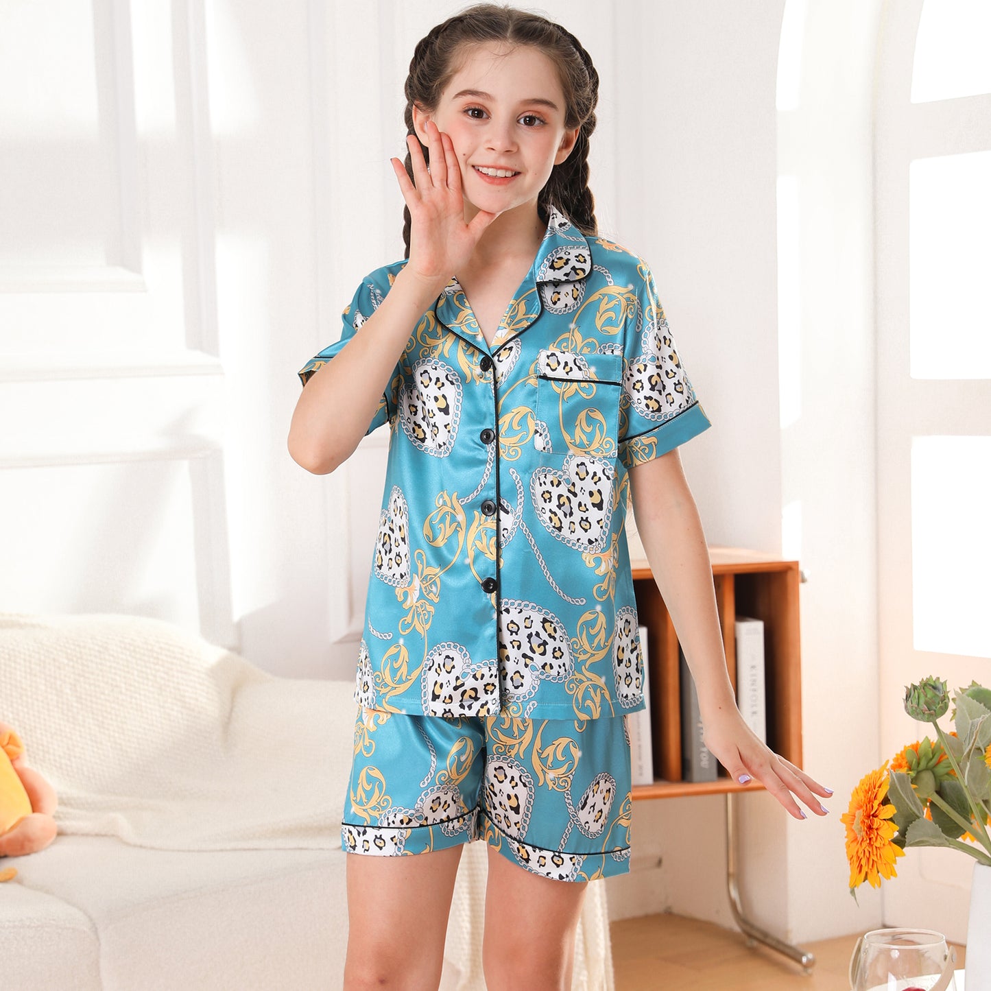 children's Satin Pajamas Set Short Sleeve & Short pants Sleepwear with Pockets-KJ456T-130