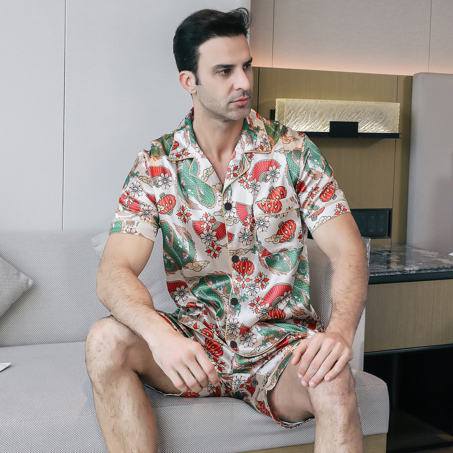 Mens Silky Pajamas Set Short Top & short pants Nightwear-KJ4010-M