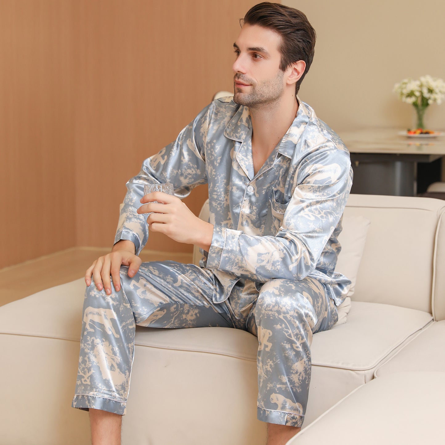 Men Satin Pajamas Set Long Sleeve & Long Pants Sleepwear with Pockets-KJ2039-M