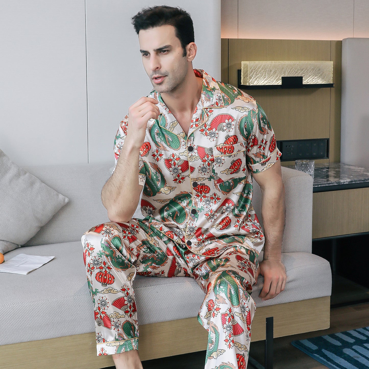 Mens Silky Pajamas Set Short Sleeve Top and Long pants Nightwear-KJ5010-M