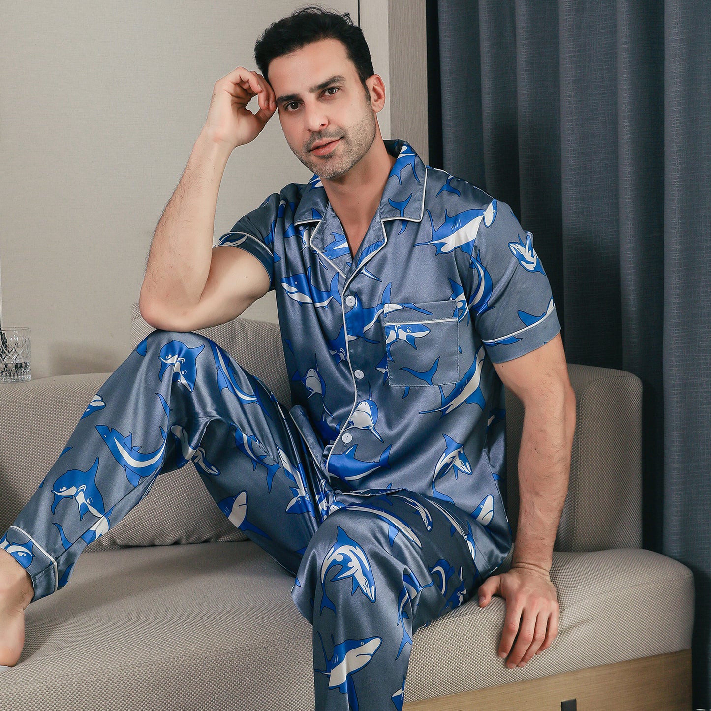 Men Satin Pajamas Set Short Sleeve & Long Pants Sleepwear with Pockets-KJ5041-M